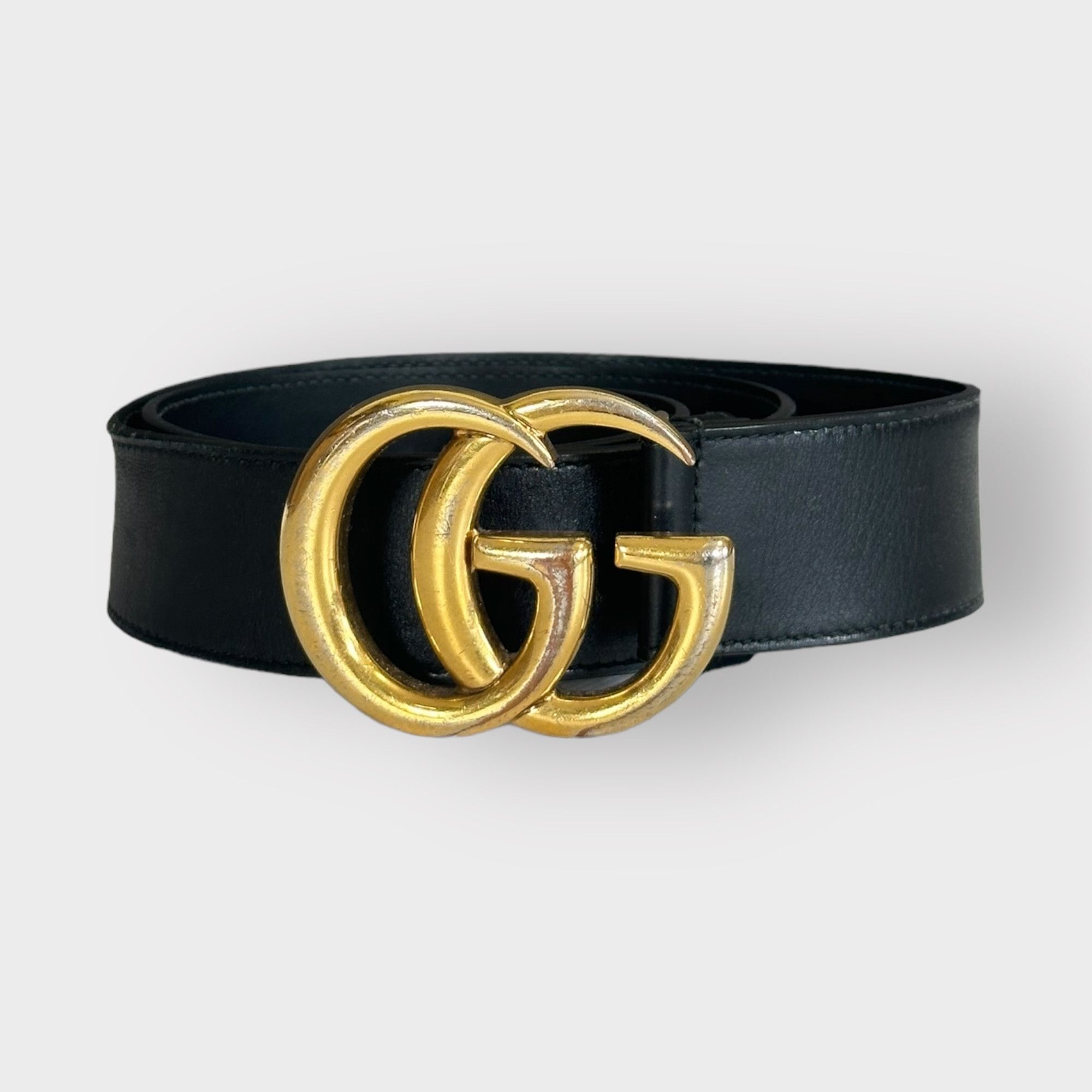image of Gucci Belt Marmont Black Leather Golden Buckle Classic Gg, Women's