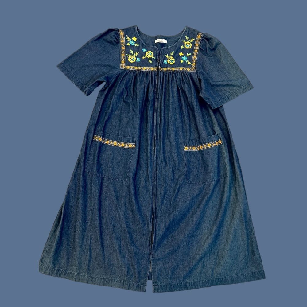 Denime Go Softly Patio Denim Dress Women's Small Embroidered Floral Zip Cottagecore Dress Size S / US 4 / IT 40 - 1 Thumbnail