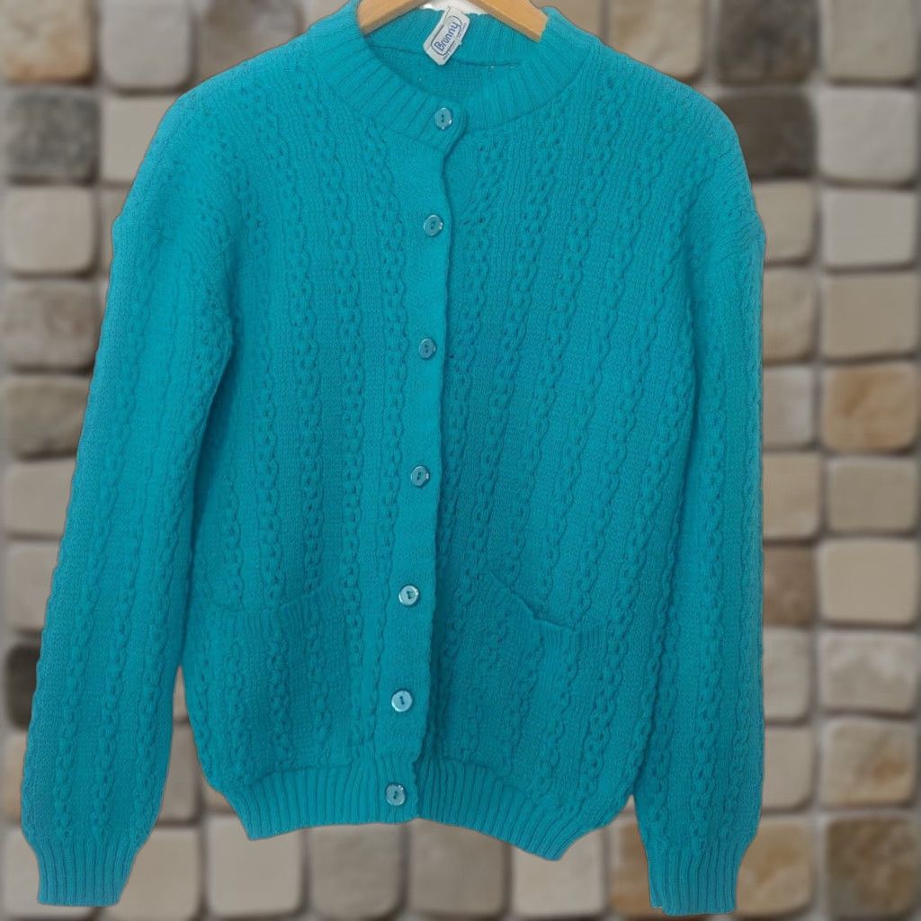AQUA VINTAGE Brunny Cardigan Sweater Womens L Aqua Blue Cable Knit Granny Retro 1980s Knit Crew Neck Long Sleeve Size L / US 10 / IT 46 - 1 Thumbnail