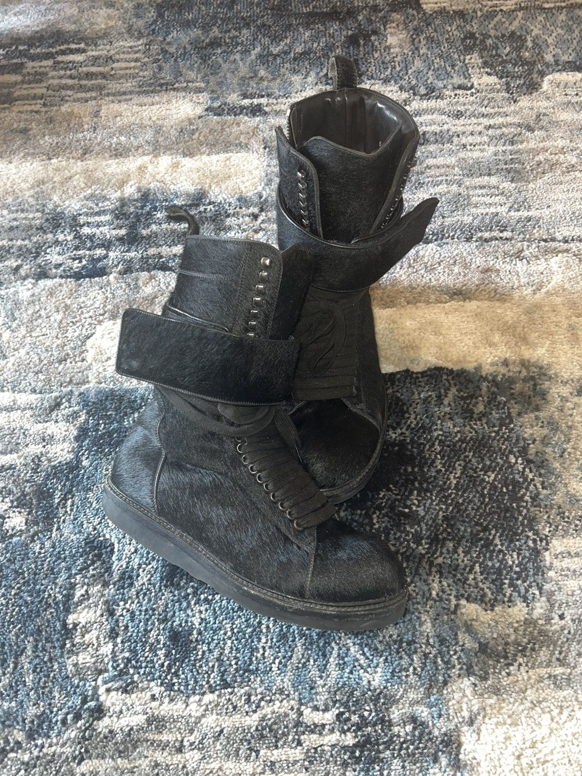 Pre-owned Rick Owens Fw13 Runway  Plinth Ponyhair Megatooth Boots In Black