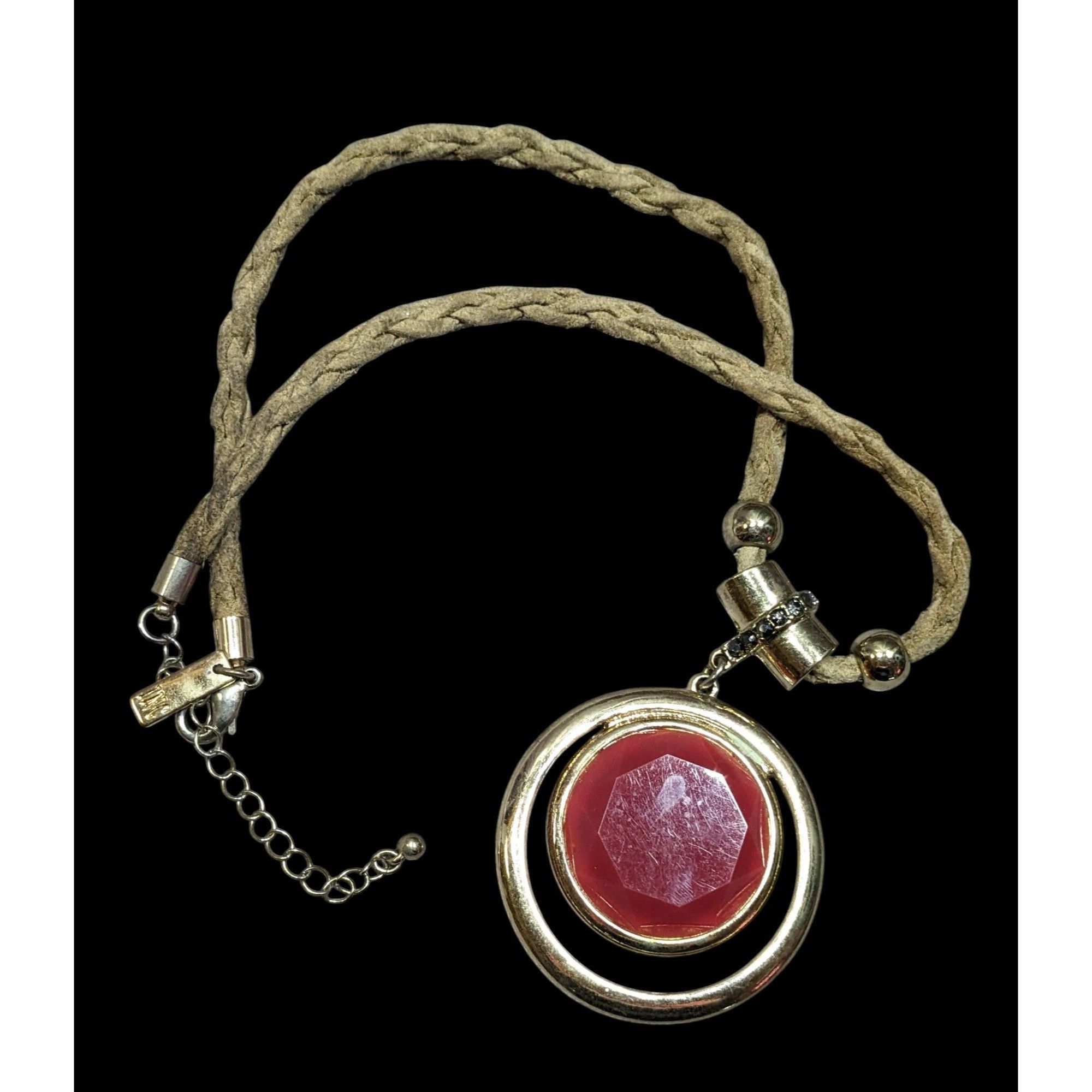 Other INC Red Gemmed Medallion Necklace On Tan Suede Braided Cord Size ONE SIZE - 1 Thumbnail