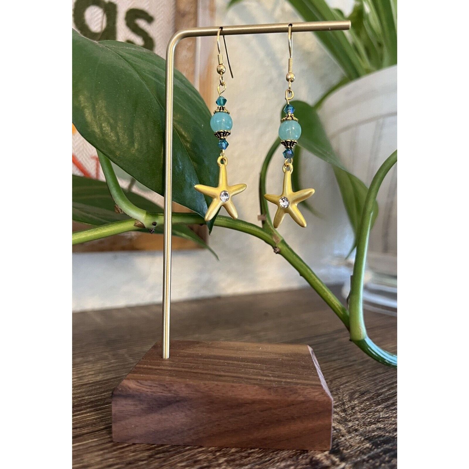 Handmade Glass & Crystal Turquoise Beads Starfish Dangle Earrings Size ONE SIZE - 1 Thumbnail
