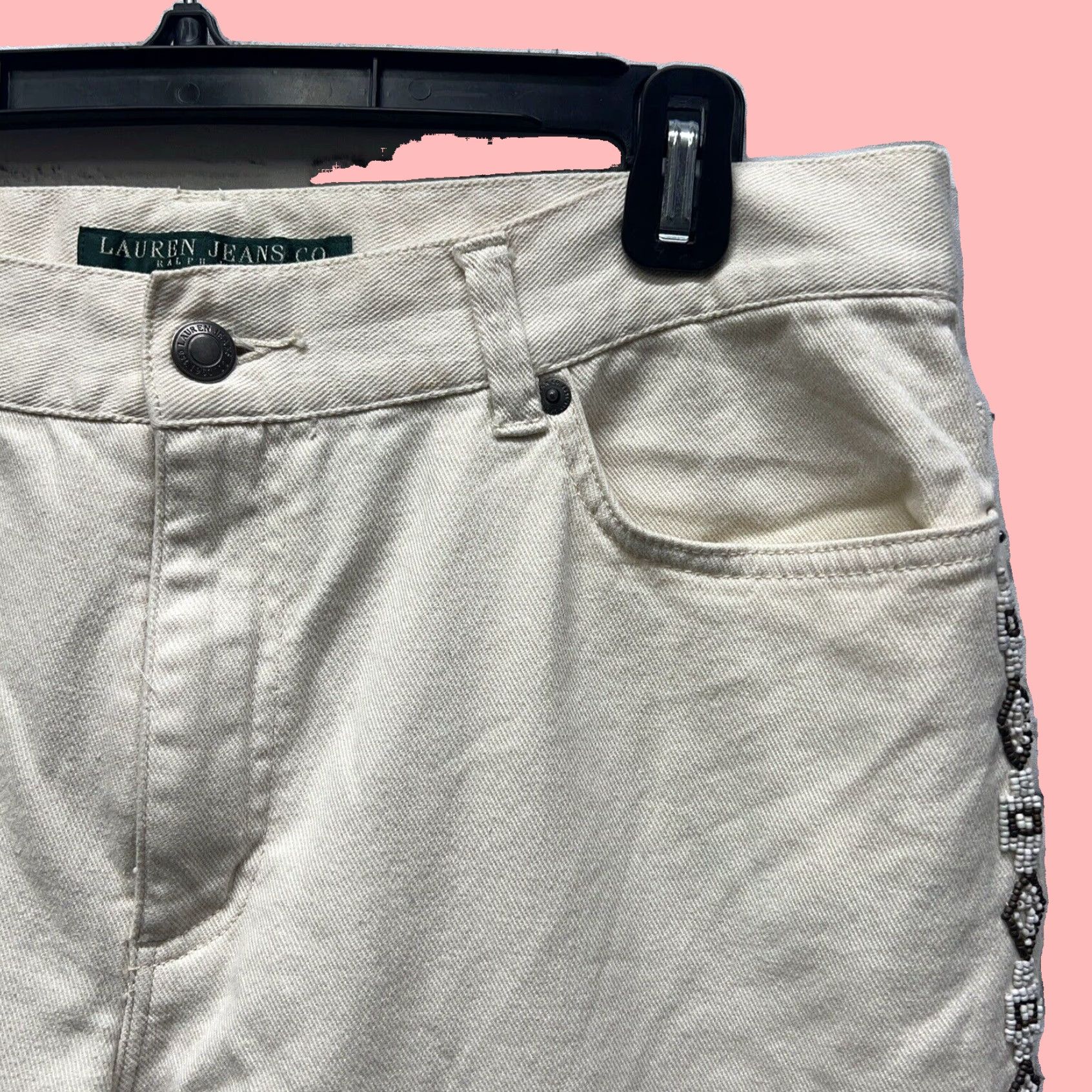 Ralph Lauren Authentic Ralph Lauren Distressed White Jeans with Delicate Beading Details Women's Size 12 Petite 28 Inch Inseam Size 34" / US 12 / IT 48 - 2 Thumbnail