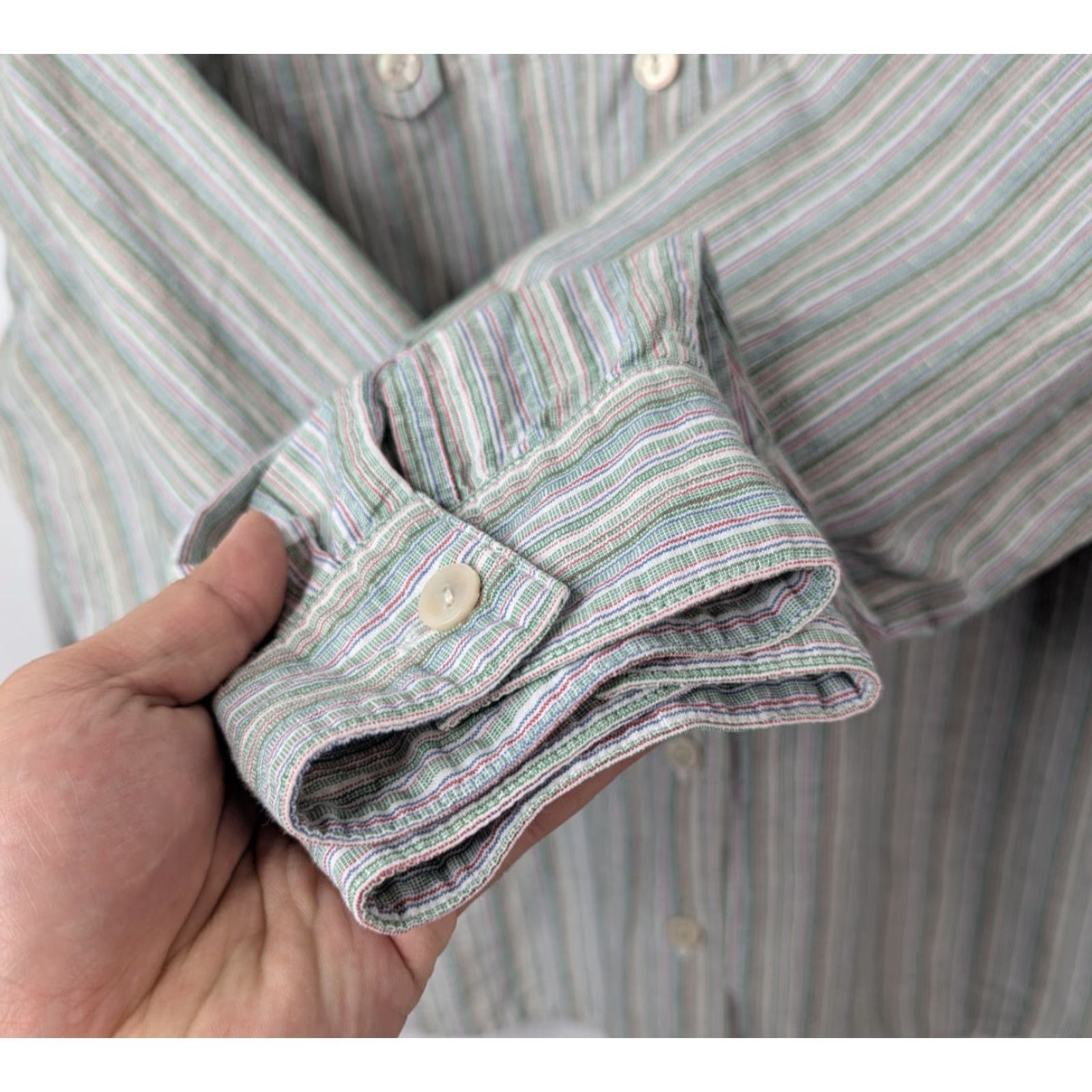 Vintage C.J. Banks By Christopher & Banks Women's Button-Up Shirt Striped Long Sleeve 1X Green Cotton Linen Casual Collar Size XL / US 12-14 / IT 48-50 - 4 Thumbnail