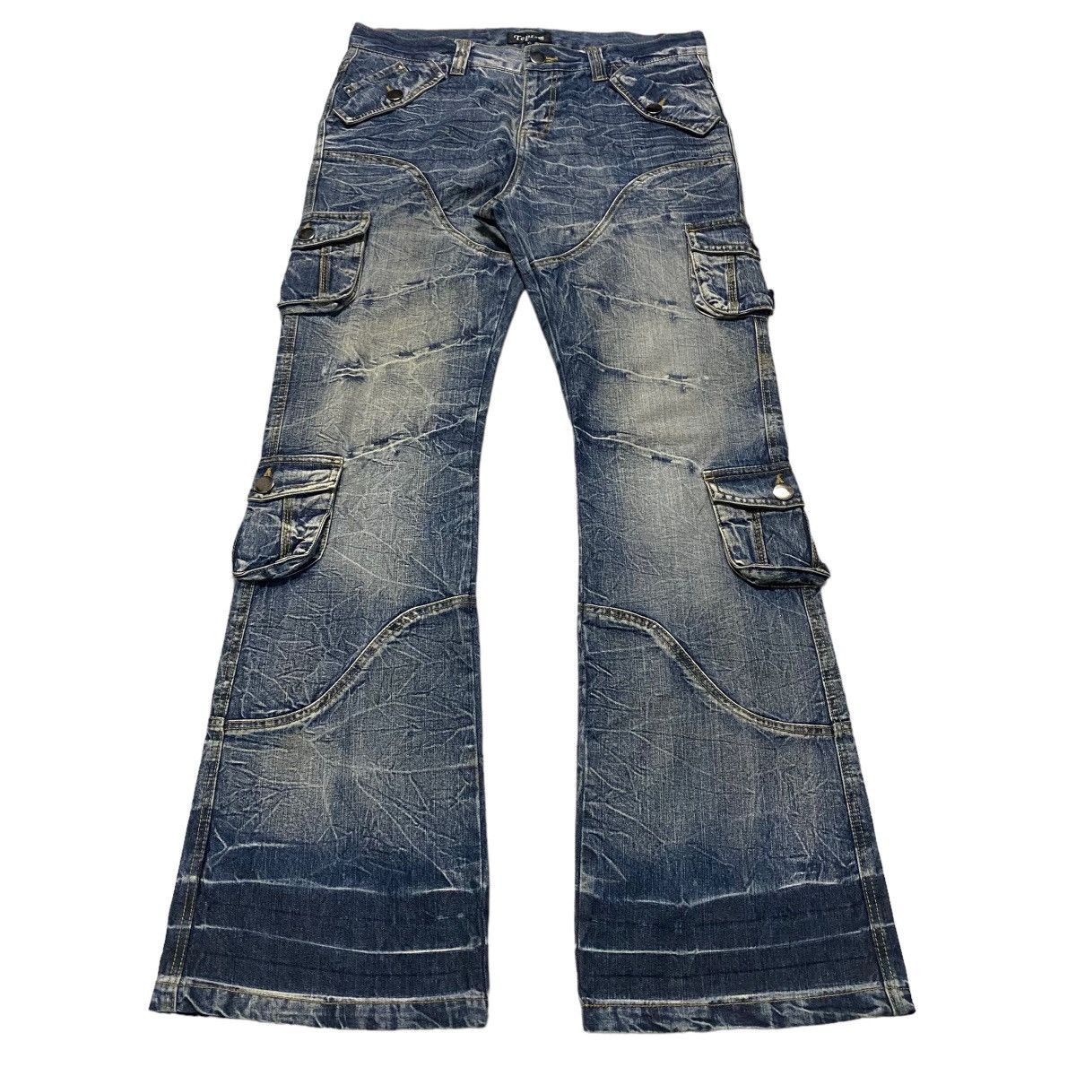 Japanese Brand TOPISM Cargo Denim Flare Pants Bleach