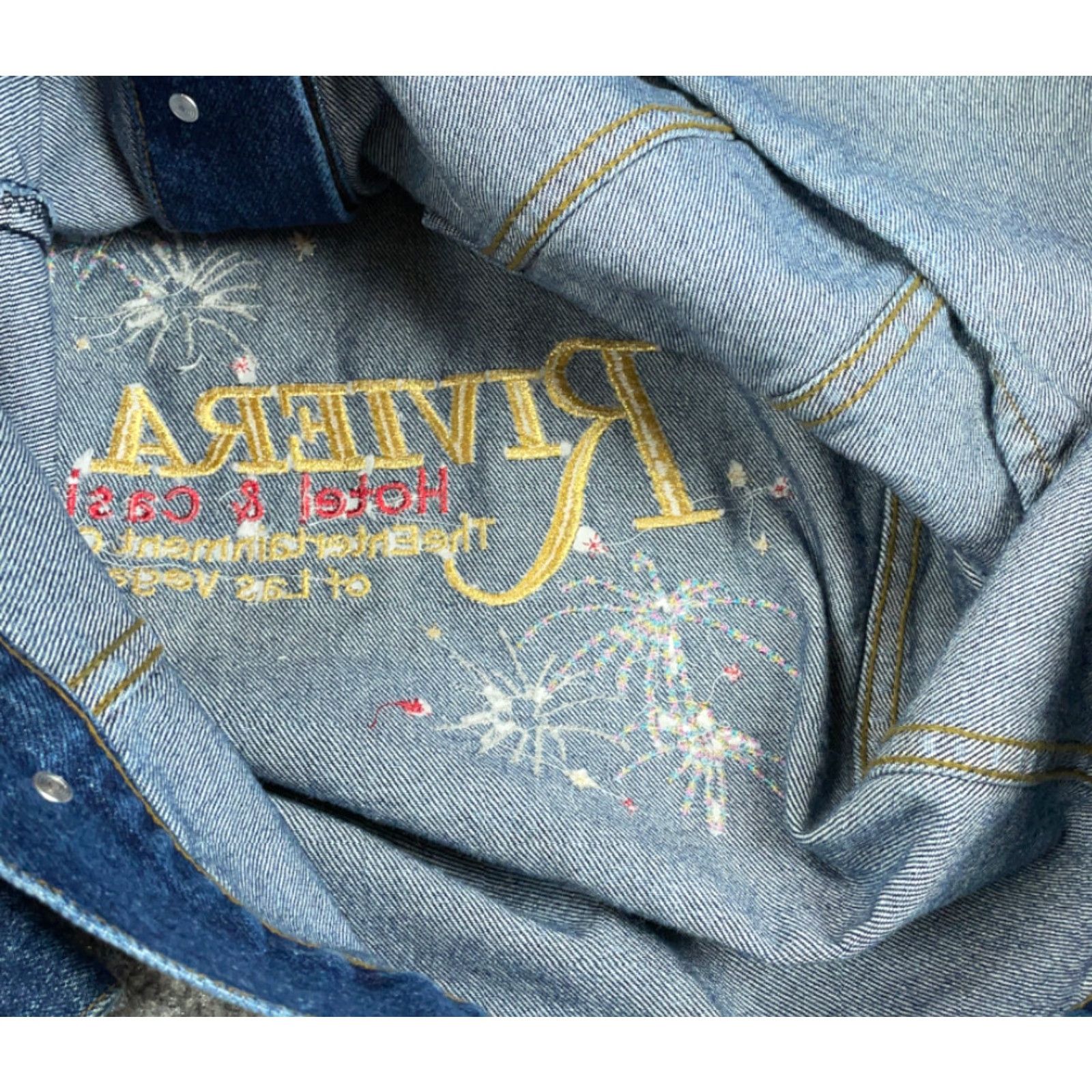 Rivieras VINTAGE Circe Las Vegas Riviera Hotel Casino Jean Jacket Mens Large Blue Denim Embroidered Size US 33 - 4 Thumbnail