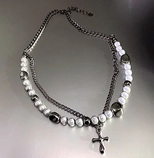Jewelry Punk Hippie Crucifix Cross Patchwork Pearl Layer Necklace Size ONE SIZE - 1 Thumbnail
