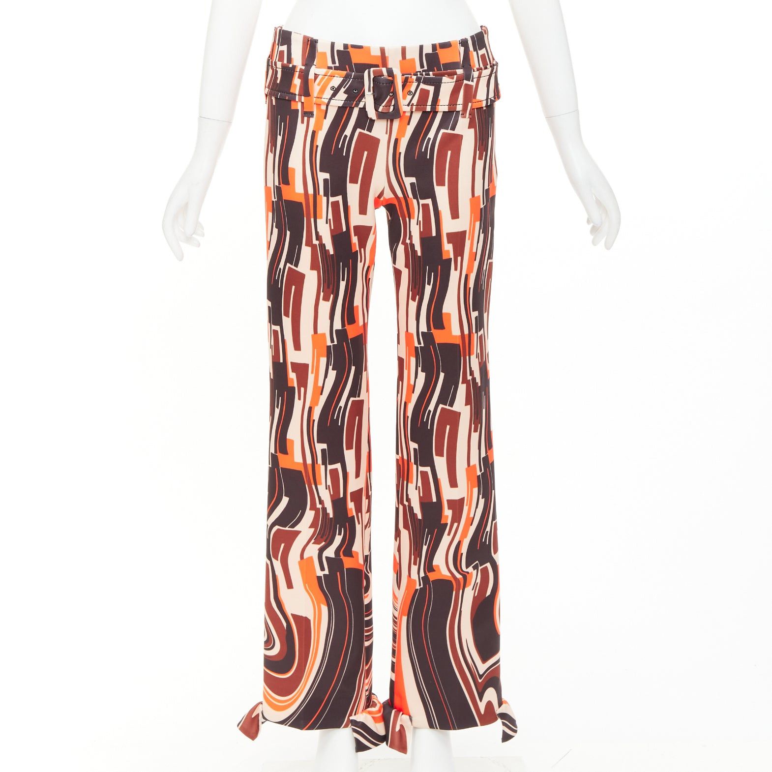 Prada PRADA 2019 Runway orange black geometric print belted ruffled hem pants IT38 XS Size 26" / US 2 / IT 38 - 1 Thumbnail