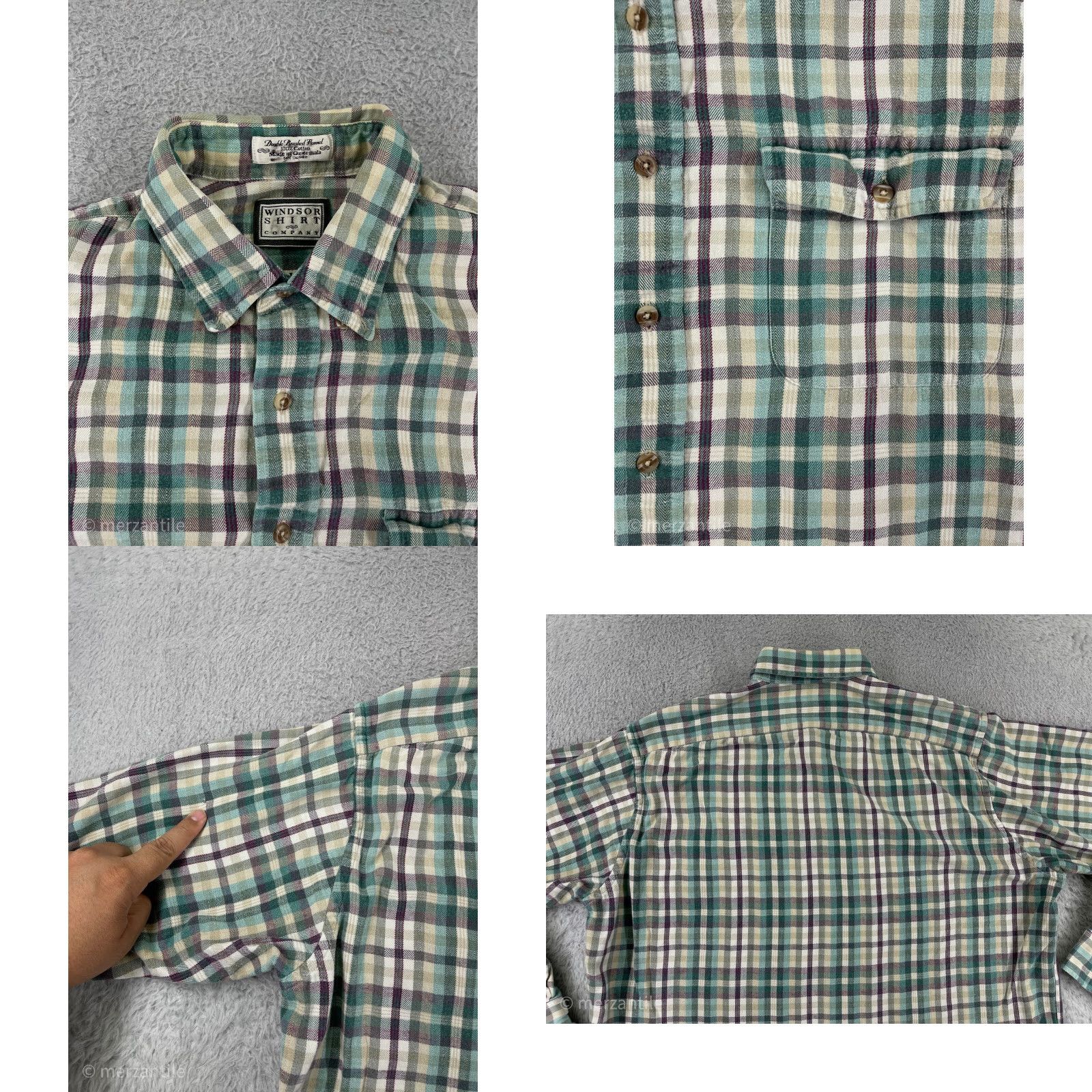 Vintage Windsor Shirt Mens Large Green White Plaid 100% Cotton Flannel Button Up Size US L / EU 52-54 / 3 - 8 Thumbnail