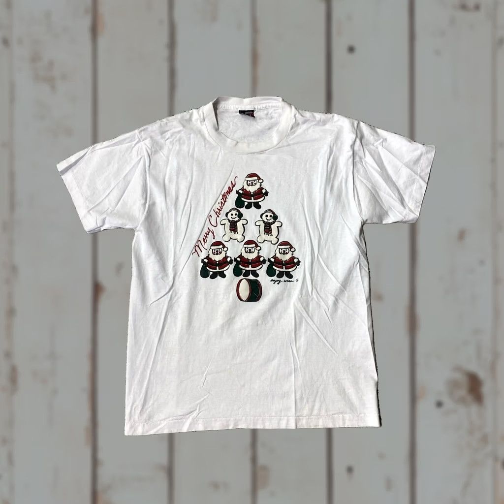 Fruit Of The Loom VINTAGE Fruit of the Loom T-Shirt Santa Snowman Ginger Bread White Lmen Men T-Shirt 90s Christmas Holiday Crew Neck Short Sleeve Yellowing Size US L / EU 52-54 / 3 - 1 Thumbnail