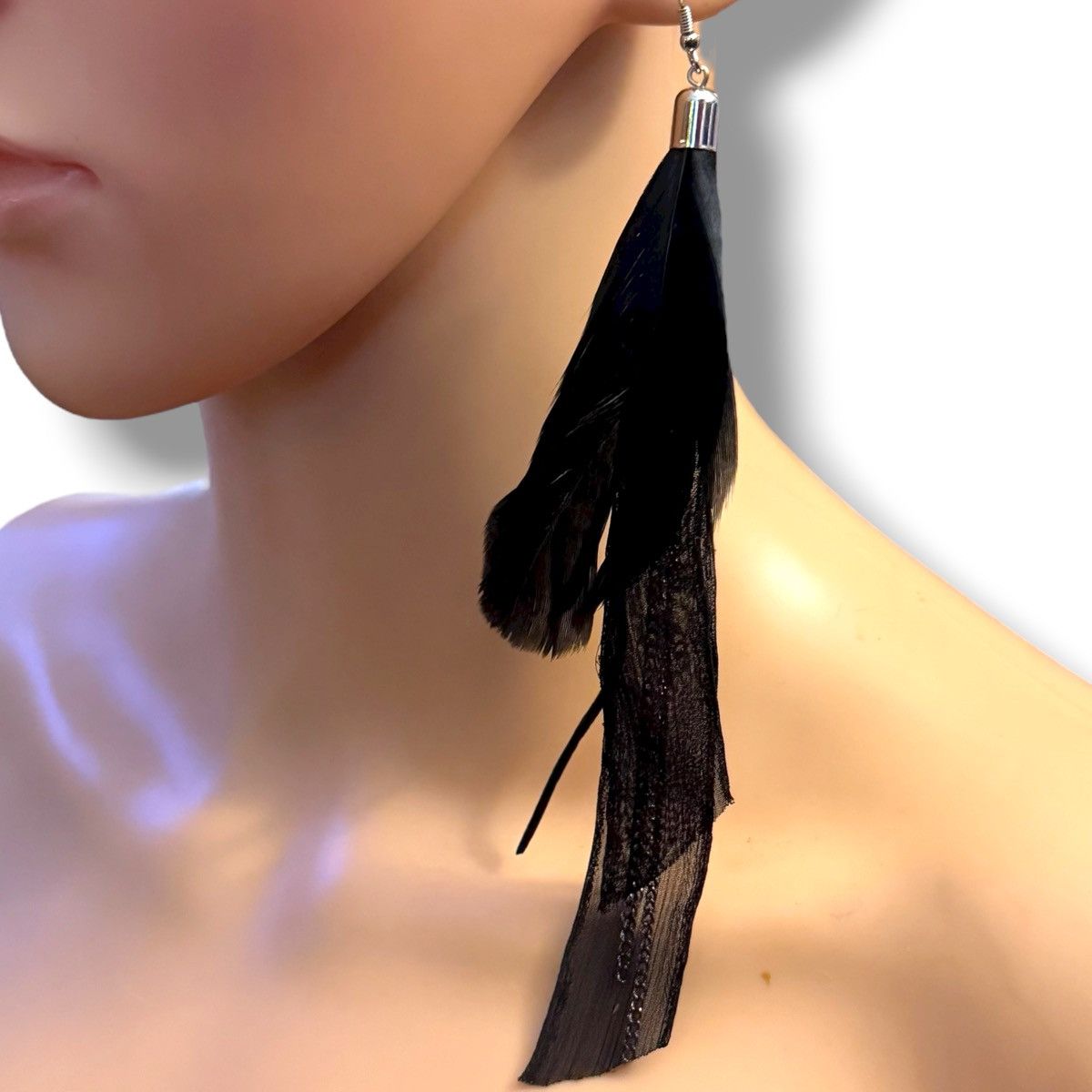 Other Long black feather, ribbon and chains dangle earrings Size ONE SIZE - 2 Thumbnail