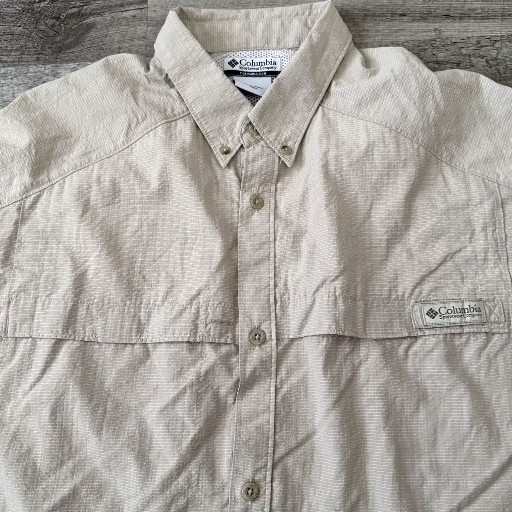 Vintage Columbia PFG Fishing Shirt Mens XL Tan Striped Short Sleeve Vented Light Poly Size US XL / EU 56 / 4 - 3 Thumbnail