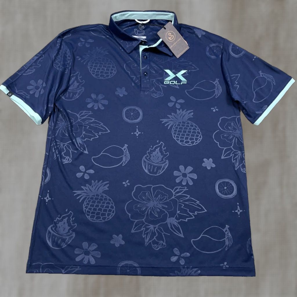 Vintage Swannies Polo Shirt Men L Midnight Blue Performance Golf Beach Hula Short Sleeve Logo Button Collared Size US L / EU 52-54 / 3 - 1 Thumbnail