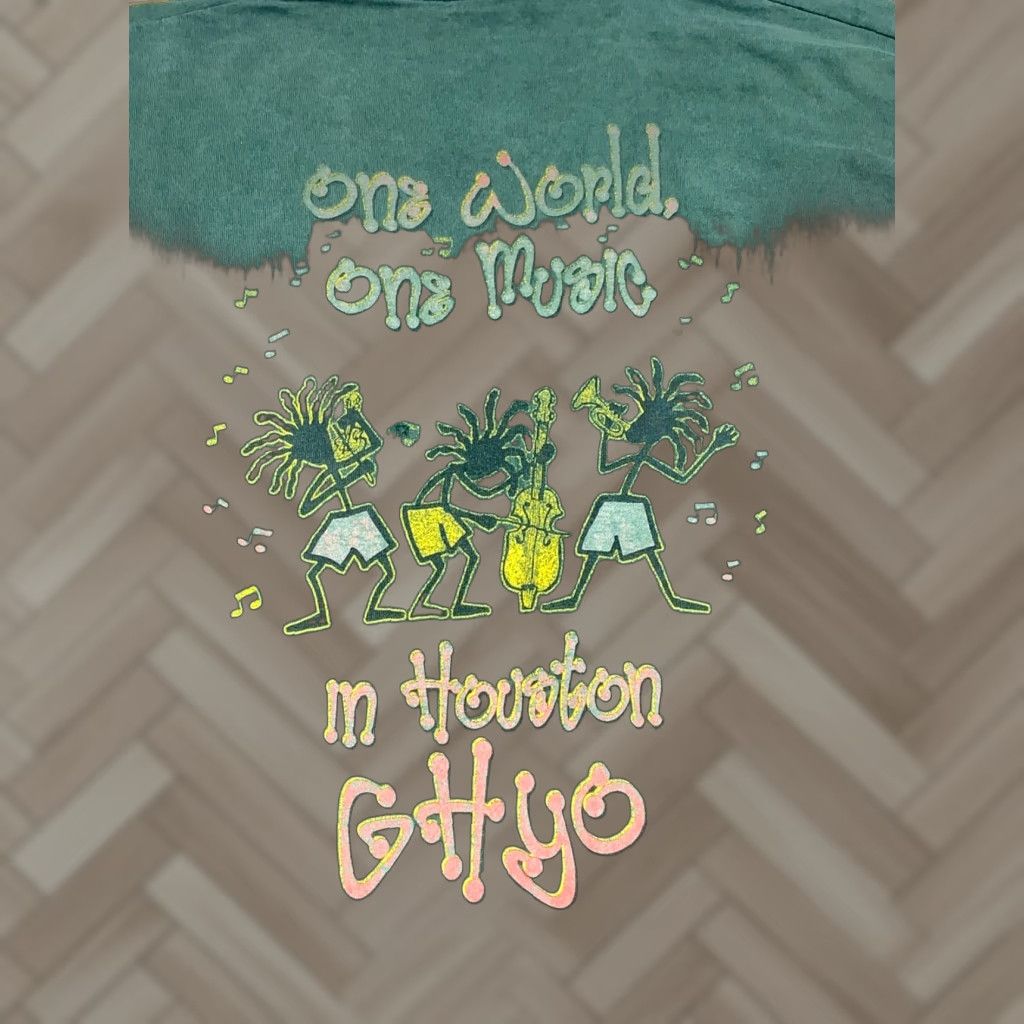Fruit Of The Loom VINTAGE Fruit of the Loom Shirt Mens L Green 90s Music Houston Texas One World One Music 12533 Size US L / EU 52-54 / 3 - 1 Thumbnail