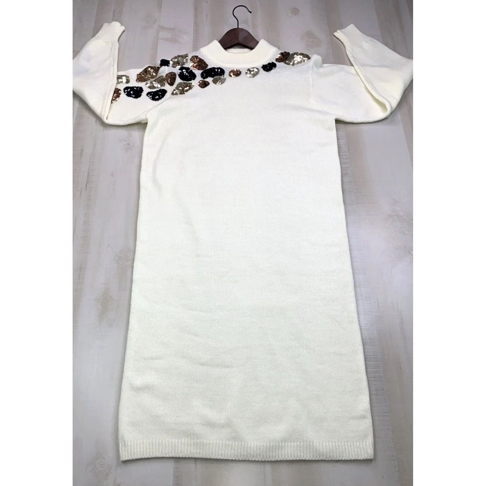 Vintage VINTAGE Darian Cheetah Print High Neck Knit Sweater Dress Women's Small S Long Sleeve Sequin Accents 80s 90s Bohemian Classic Ivory Knit Dress Size S / US 4 / IT 40 - 4 Thumbnail