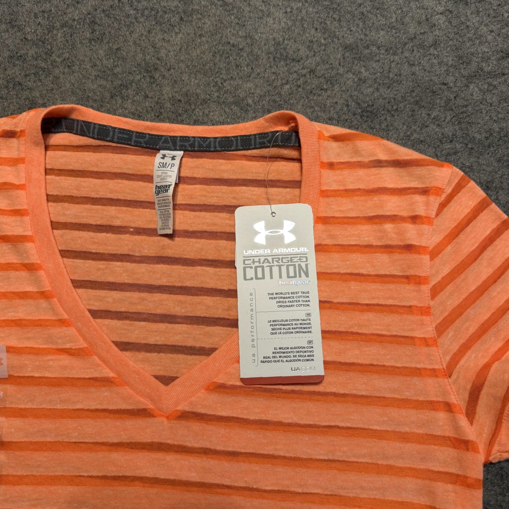 Under Armour Under Armour Shirt Women's Fitted T-Shirt S Orange Stripe Charged Cotton Heatgear Semi-Sheer V-Neck Short Sleeve Yoga Running Gym Training 90s Y2K Size S / US 4 / IT 40 - 4 Thumbnail