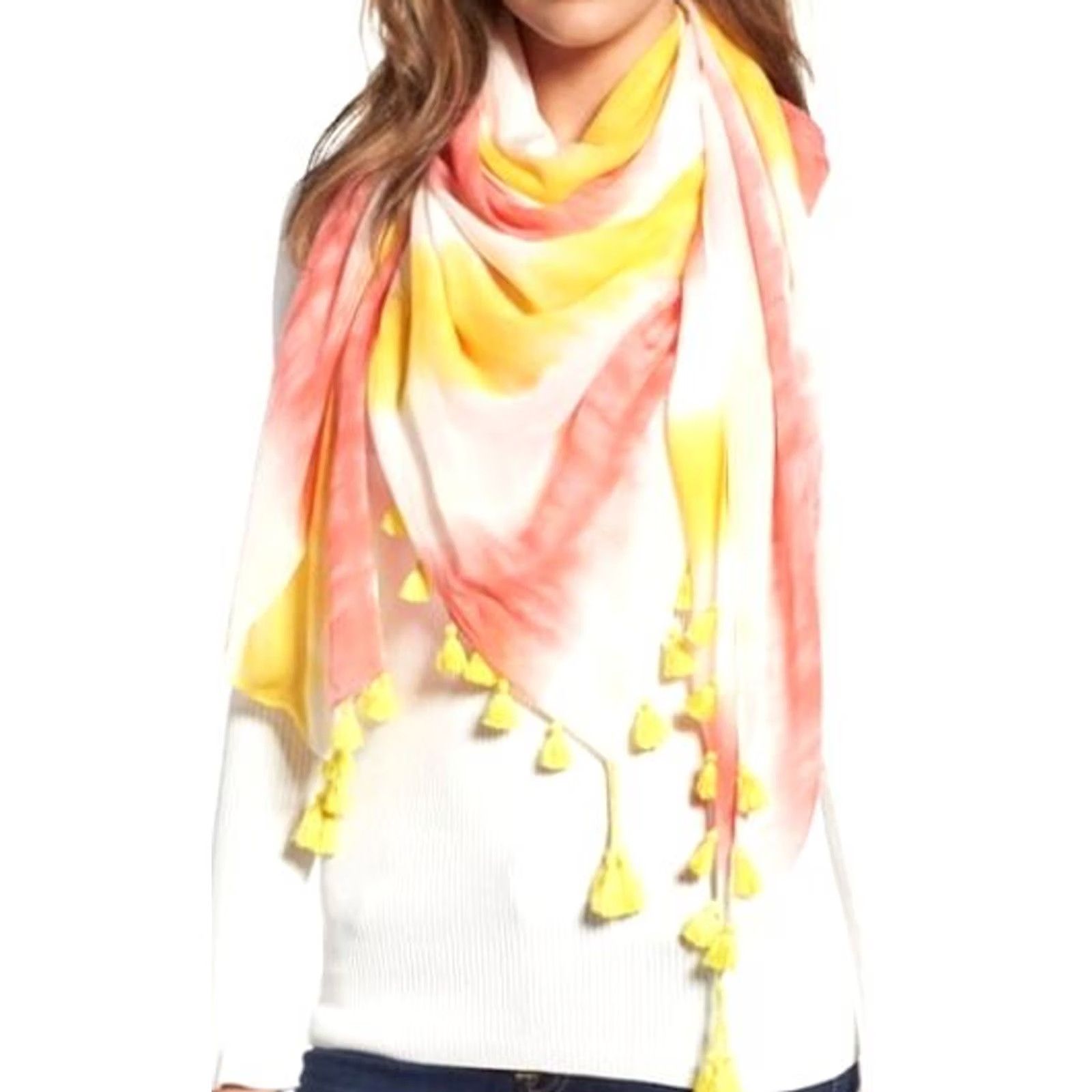 Rebecca Minkoff Rebecca Minkoff Tie-Dye Printed Oversize Square Tassel Scarf Yellow-Coral Multi-Color 46" x 46" Laying Flat 100% Viscose RM3000097 Scarf Womens Size ONE SIZE - 2 Thumbnail