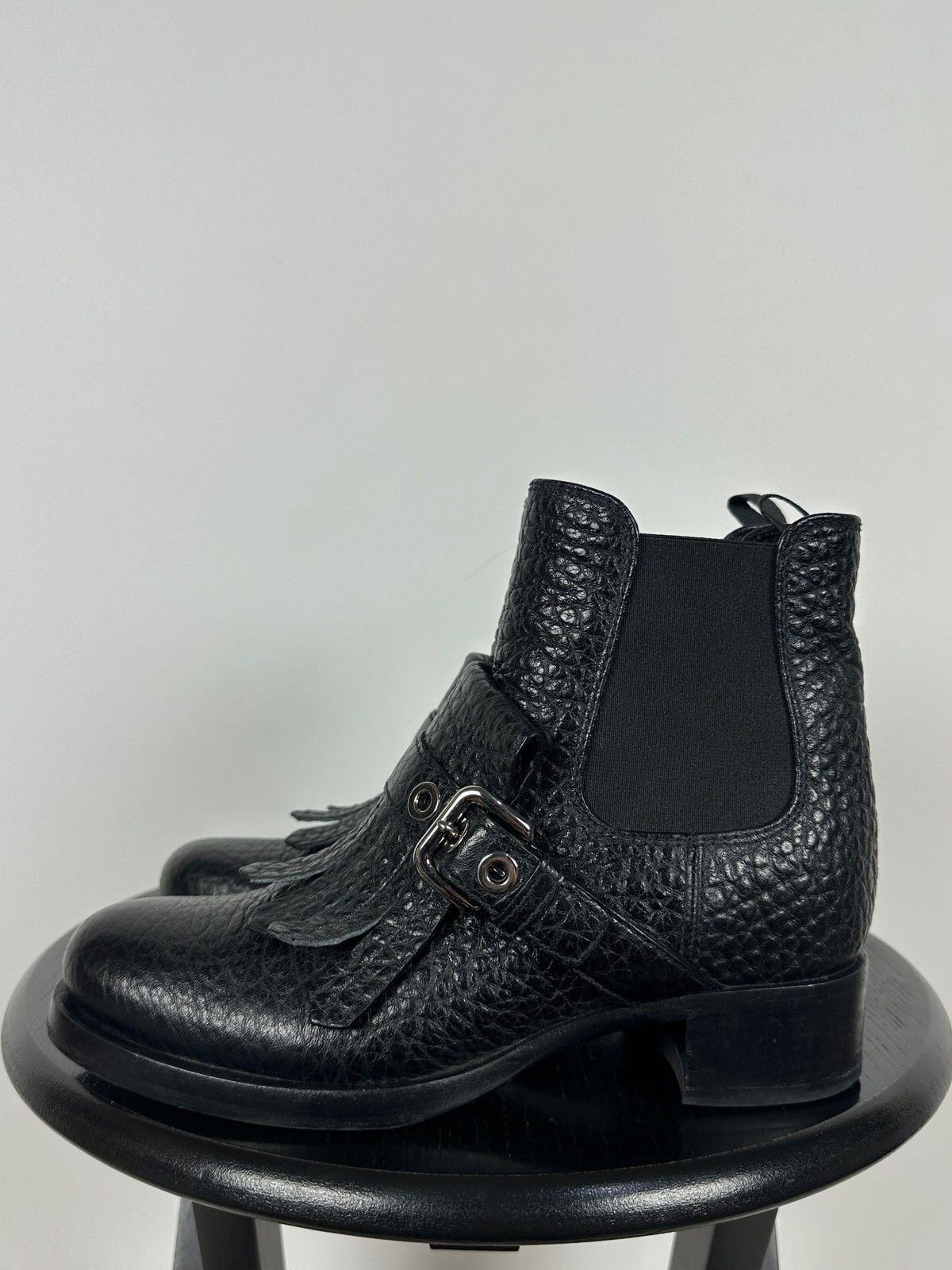 Prada Prada Black Leather Buckle Fringe Chelsea Ankle Boots Size US 6.5 / IT 36.5 - 7 Thumbnail