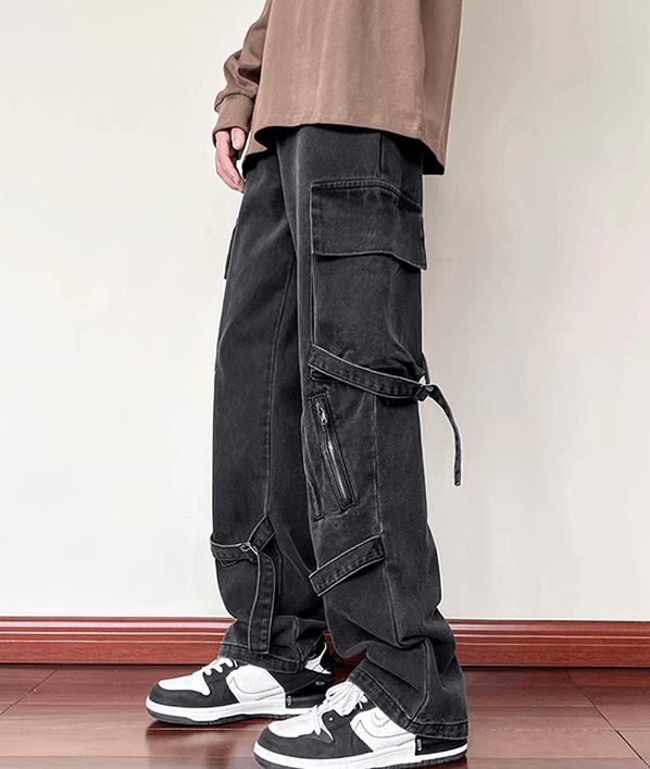 Japanese Brand Black strappy men's straight zippered cargo jeans Size US 32 / EU 48 - 3 Thumbnail