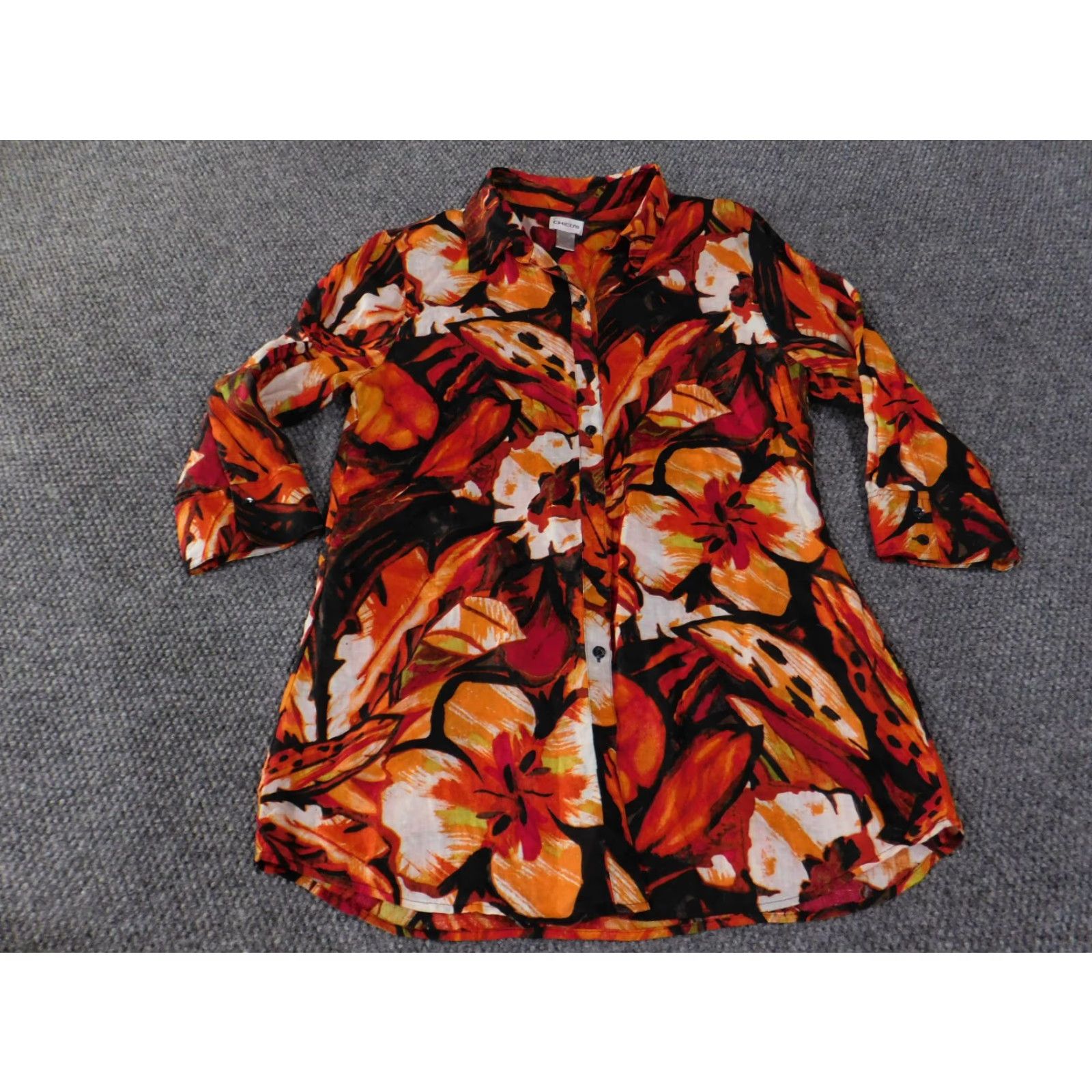Vintage Chicos Blouse Shirt Womens 2 Orange Red Floral Linen Button Up Tunic Top Blouse Womens Regular 2 Orange Red Floral Linen Button Up Tunic Top Size XS / US 0-2 / IT 36-38 - 2 Thumbnail