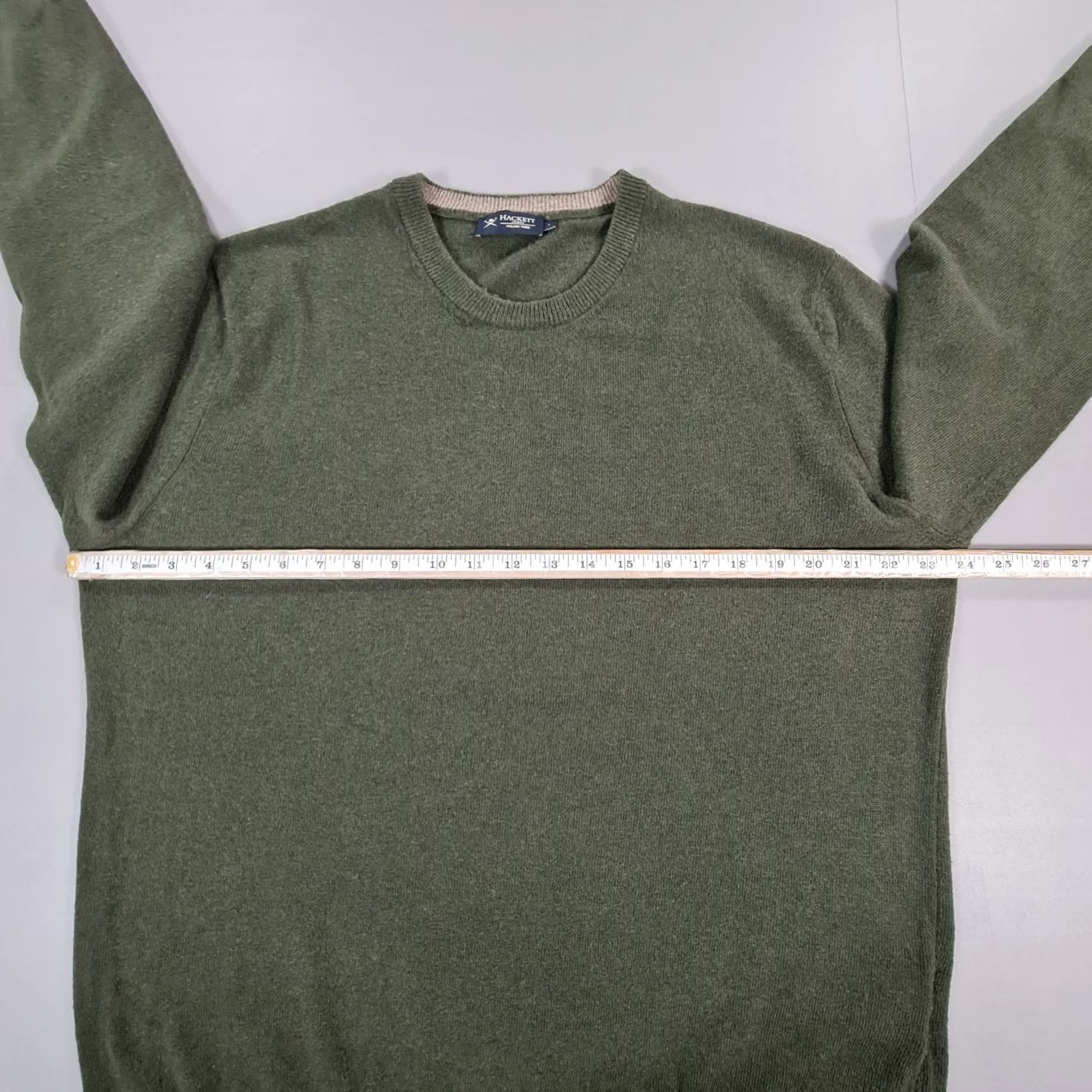 Hackett Hackett Mens Jumper Green Large Merino Wool Knit Crew Neck Long Sleeve Suede Elbow Patches Casual Pullover Vintage: No Pattern Size US L / EU 52-54 / 3 - 5 Thumbnail
