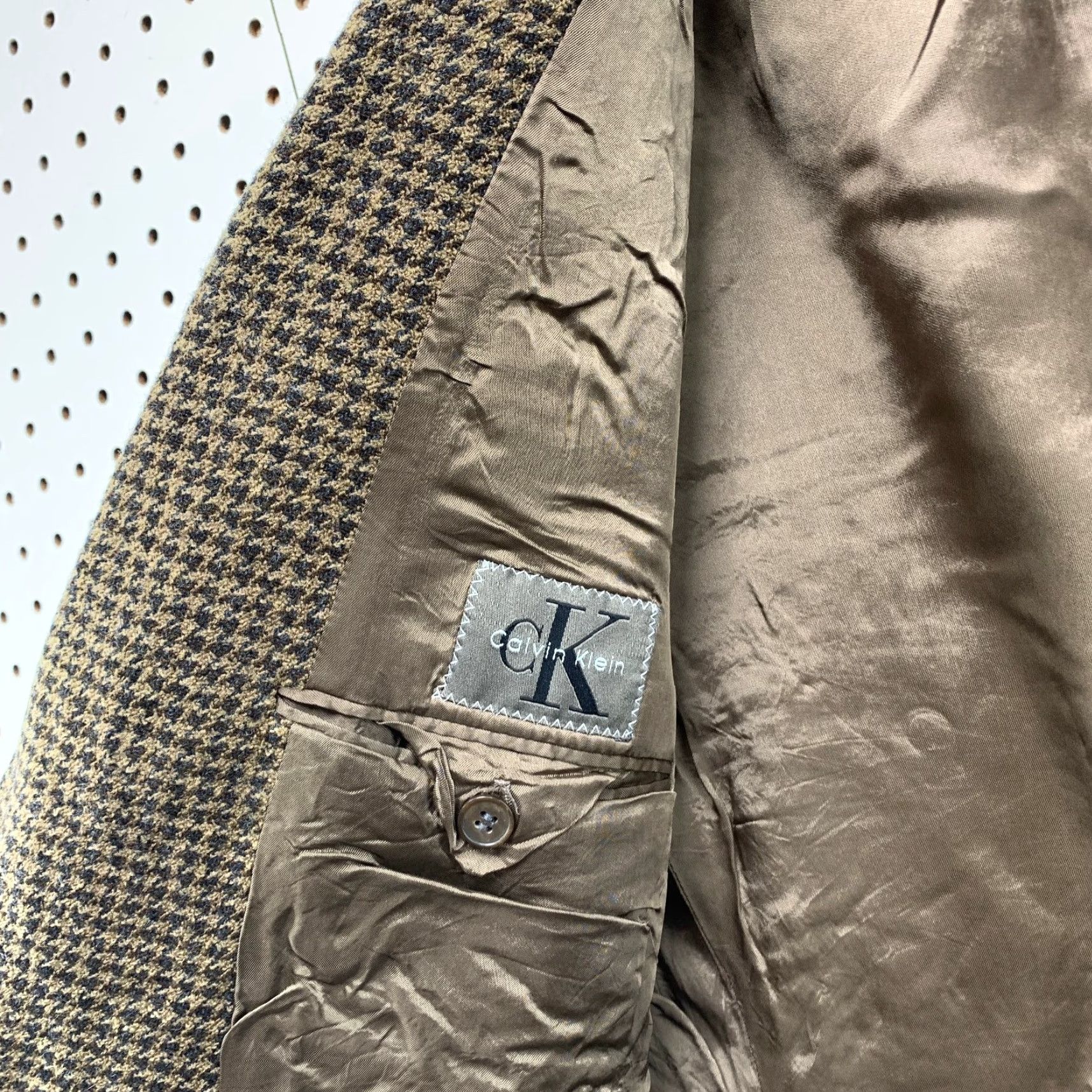 Calvin Klein VINTAGE Calvin Klein Blazer Mens 44-45 Tweed Wool Herringbone Brown USA Size 44R - 5 Thumbnail
