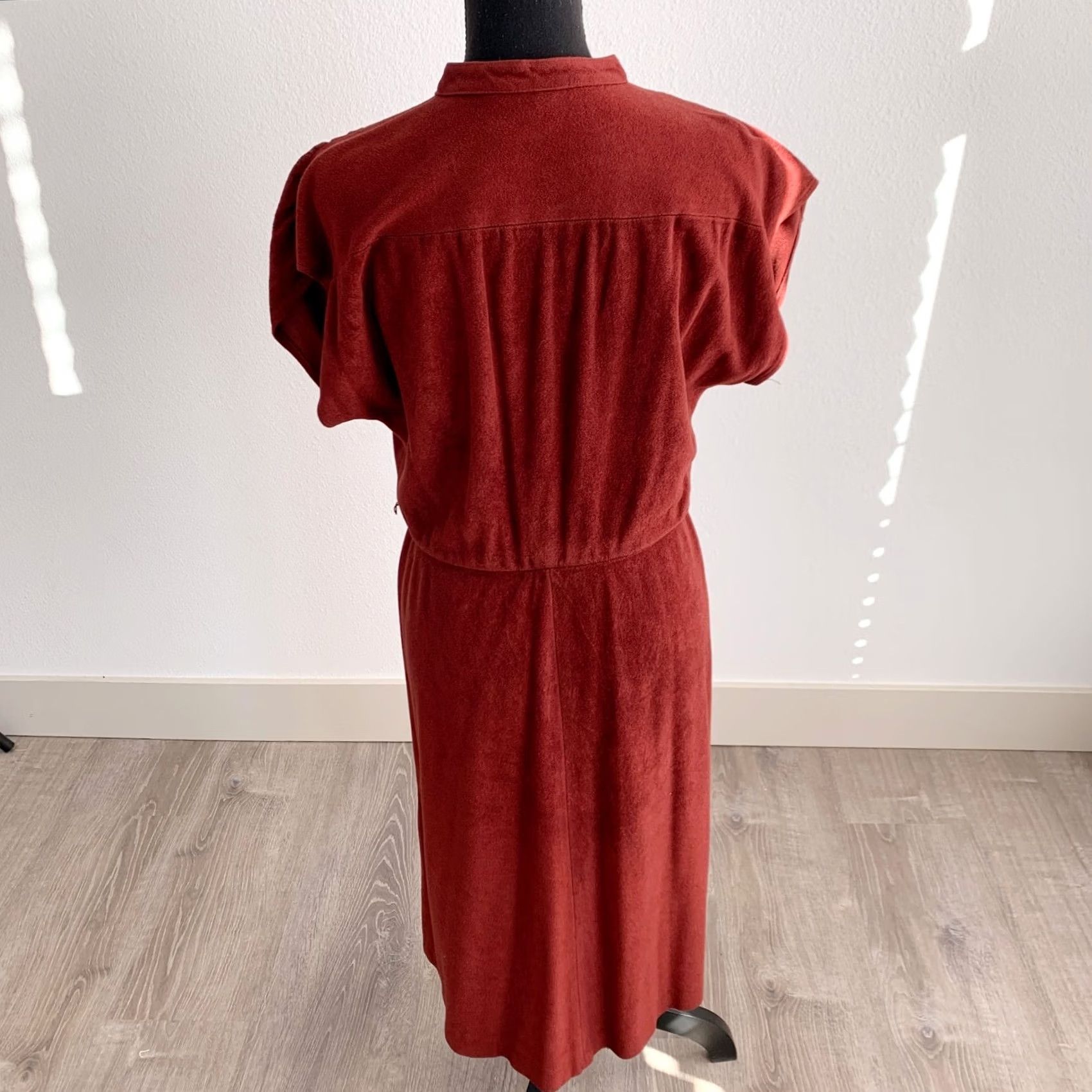 Velour VINTAGE 70s Rust Velour Cap Sleeve Dress Twee Mandarin Collar Fit Flare Sheath M/L Red Womens Size M / US 6-8 / IT 42-44 - 5 Thumbnail