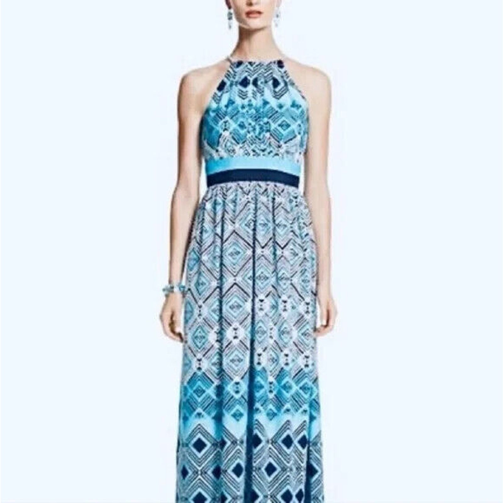 White House Black Market WHBM GEO PRINT BLUE SQUARES SILKY HALTER MAXI DRESS - SZ M Size M / US 6-8 / IT 42-44 - 2 Thumbnail
