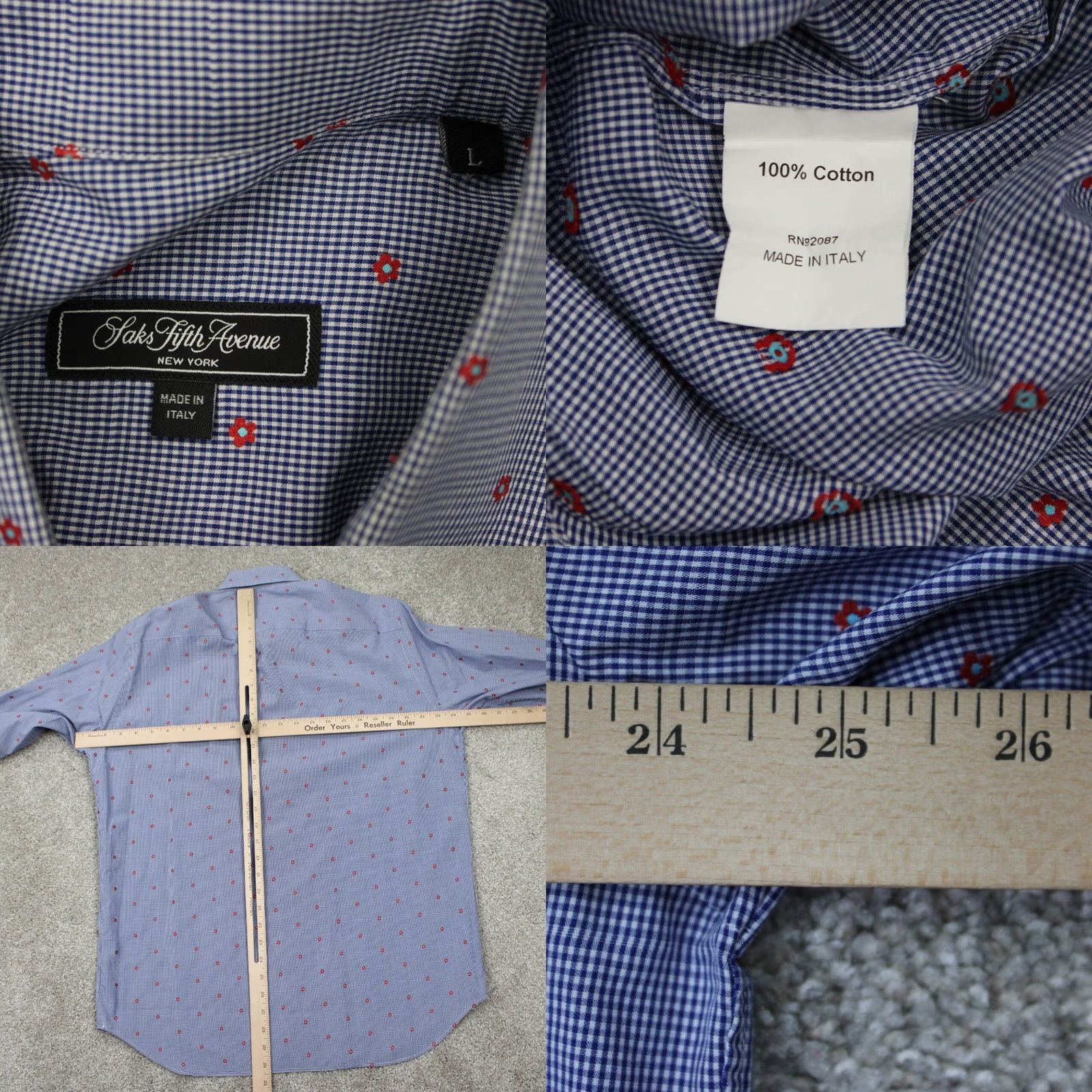 Saks Fifth Avenue Saks Fifth Avenue AOP Shirt Mens Large Blue/Red Cotton All Over Print L/S Button Shirt Size US L / EU 52-54 / 3 - 8 Thumbnail