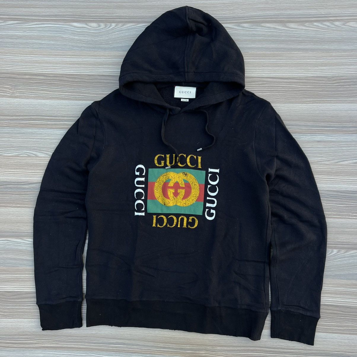 Gucci Gucci Black Distressed-Effect Logo-Print Cotton Hoodie Size US M / EU 48-50 / 2 - 1 Thumbnail
