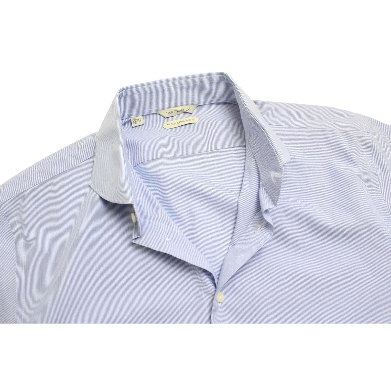 Suitsupply SUITSUPPLY Try On Extra Slim Fit Formal Shirt Men's 44-7 / 17 1/2L Cutaway Neck Blue Pinstripe Cotton Long Sleeve Size 44R - 4 Thumbnail