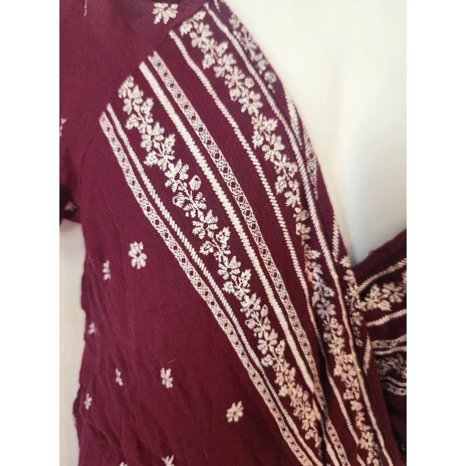Vintage Xhilaration Maxi Dress Burgundy Floral Crinkle Cold Shoulder V-Neck Short Sleeve XL Red Hippie Boho Women Size XL / US 12-14 / IT 48-50 - 4 Thumbnail