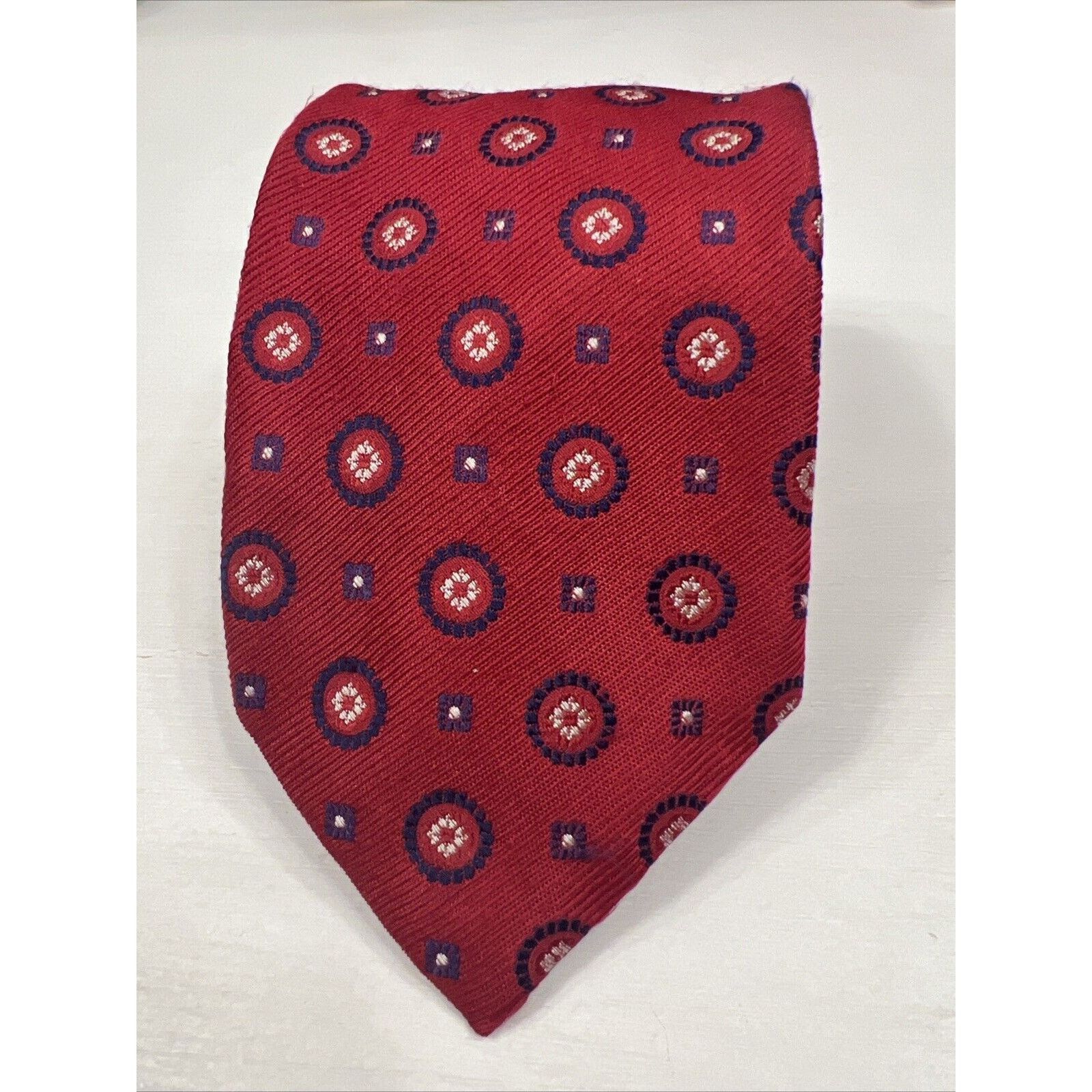 FrenchTrotters Dormeuil Red Geometric 100% Silk Tie w/ Classic Blue Accents Size ONE SIZE - 2 Thumbnail
