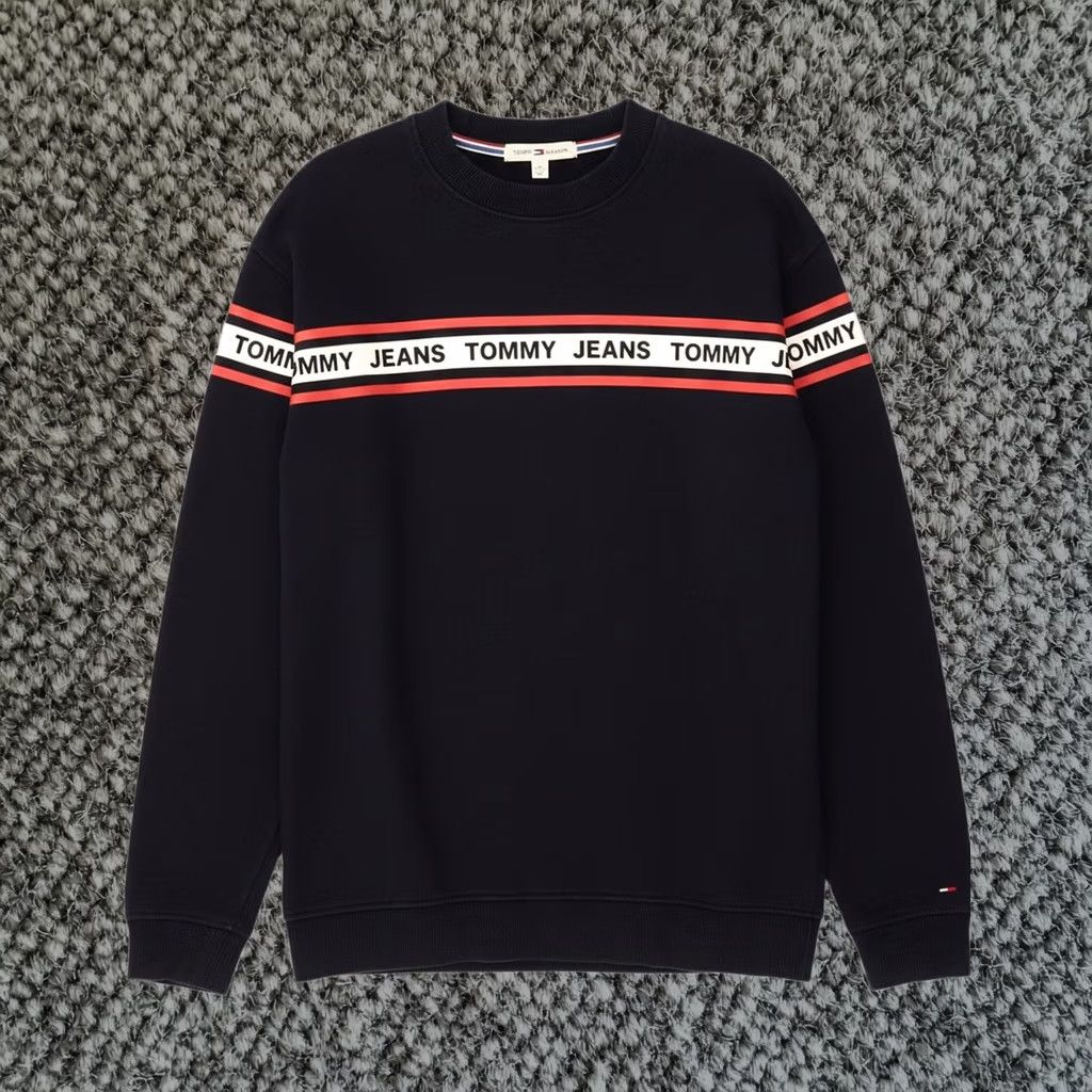 Tommy Hilfiger Sweatshirt Mens Small Navy Blue Striped Relaxed Fit Jumper Cl04, Men's