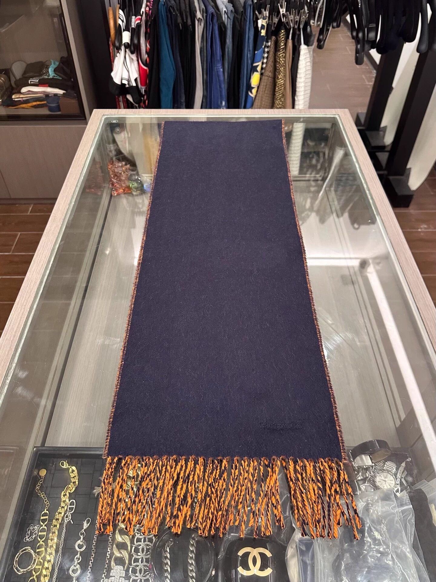 Hermes Hermes navy & orange cashmere 2-sided fringe scarf Size ONE SIZE - 4 Thumbnail