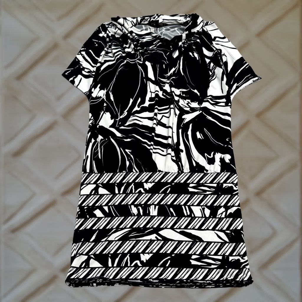 Bcbgmaxazria BCBGMAXAZRIA Abstract Floral Midi Shift Dress Womens XS Black White Cowl Neck Size XS / US 0-2 / IT 36-38 - 1 Thumbnail