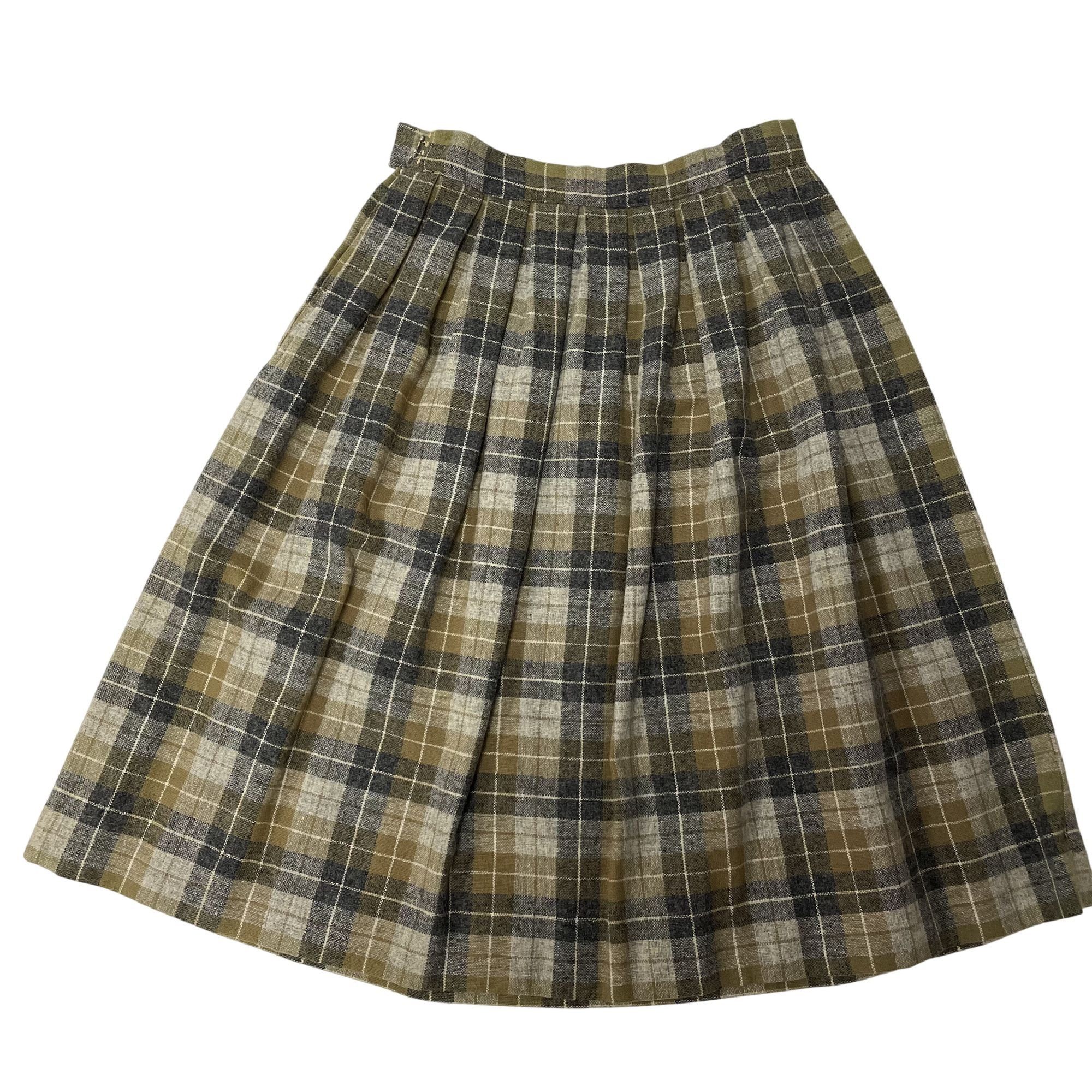Other Vtg Olive Black White PLAID PLEATED Wool Petite Skirt Size 24" / US 00 / IT 34 - 2 Thumbnail