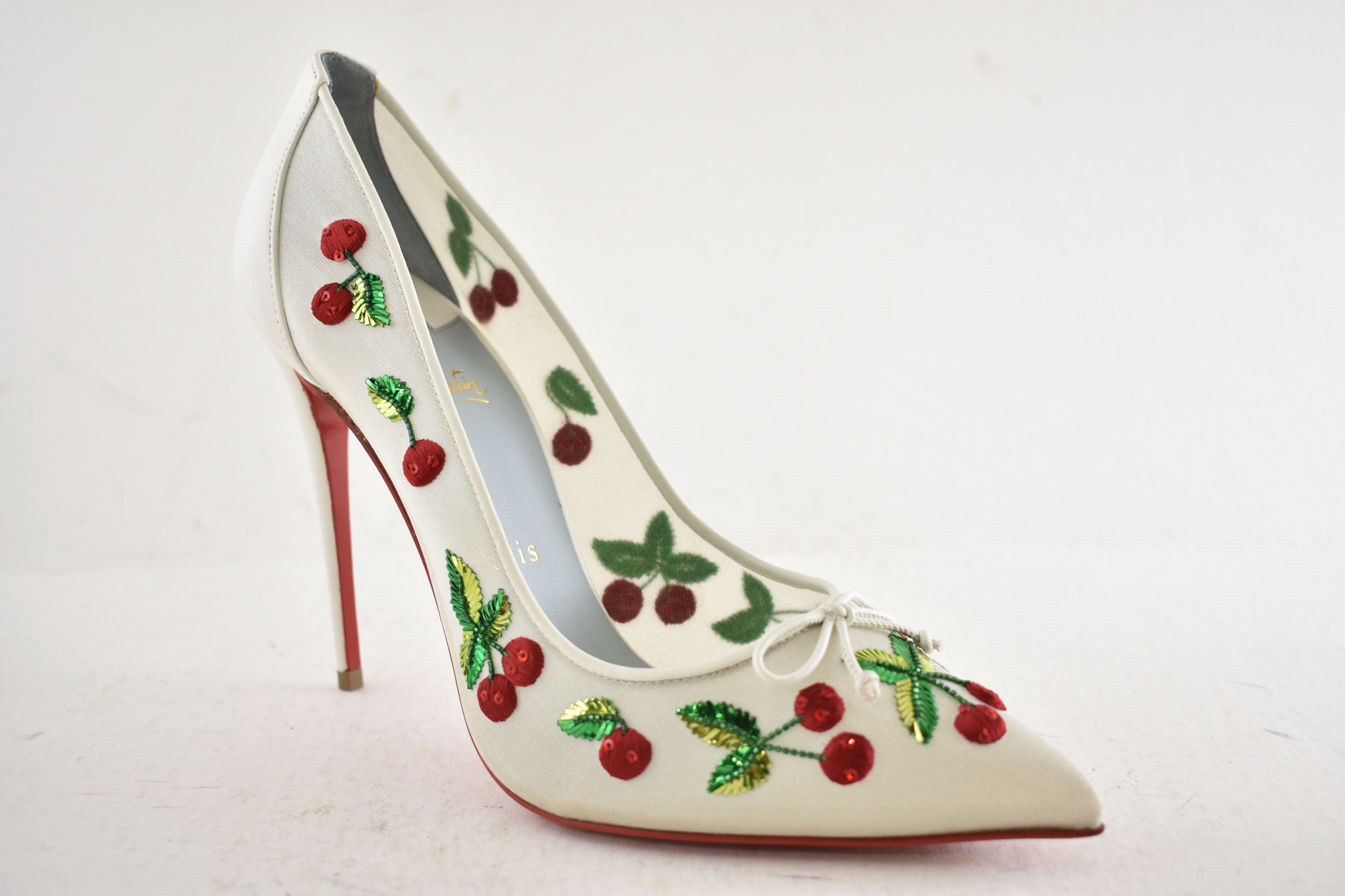 Christian Louboutin Cherrypump 100 Latte White Organza Red Cherry Pump Heel 39.5 Size US 9.5 / IT 39.5 - 6 Thumbnail