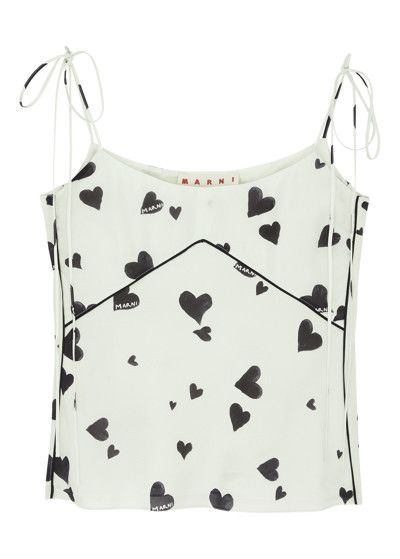 image of Marni O1W1Db10524 Heart-Print Silk Top In White, Women's (Size XL)