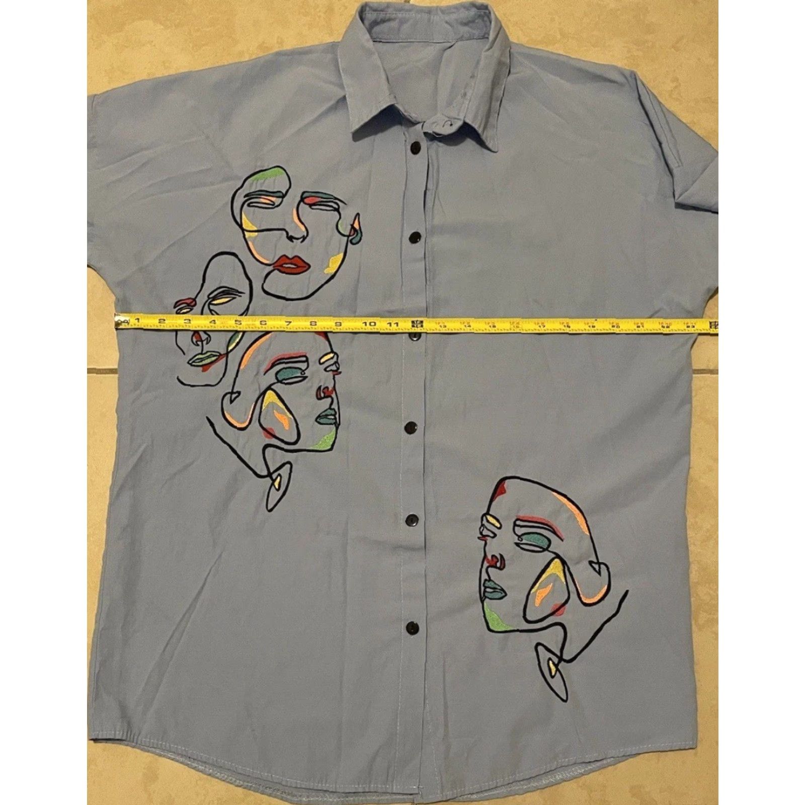 Vintage Vtg 90s Abstract Faces Button Up Shirt XL Blue Embroidered Graphic Tee Art Picasso Painting Grunge 80s Women Size XL / US 12-14 / IT 48-50 - 7 Thumbnail