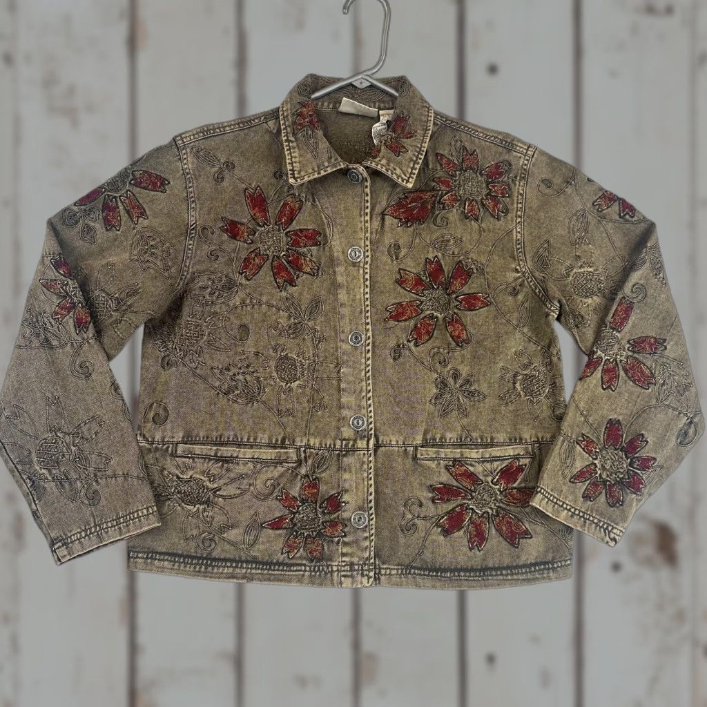 Vintage Chico's Jacket Womens 0 Small Khaki Floral Embroidered Denim Button Collared Pockets Short Size XS / US 0-2 / IT 36-38 - 1 Thumbnail