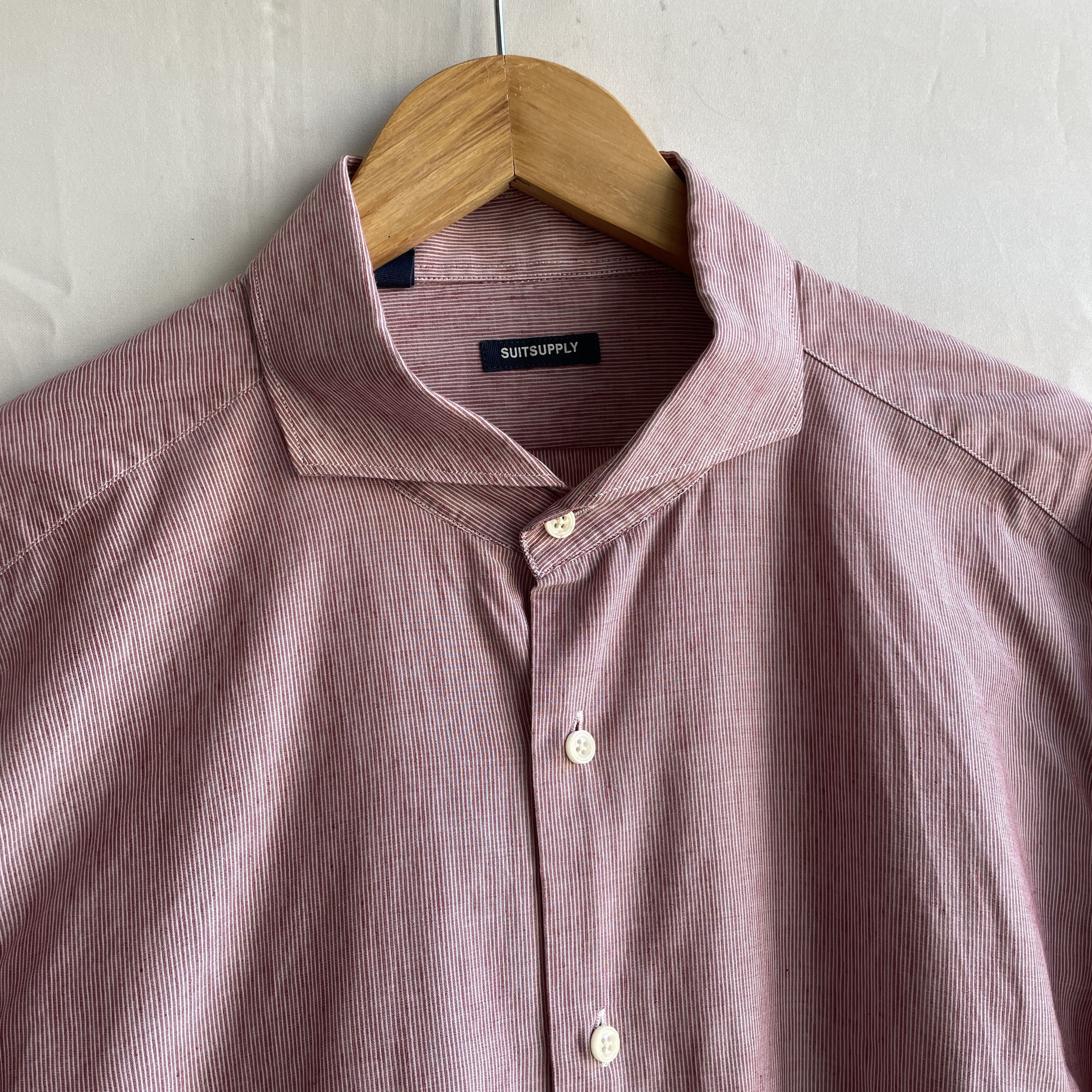 Suitsupply Suitsupply Pinstripe Pink Slim Fit Spread Collar Dress Shirt Size 44R - 4 Thumbnail