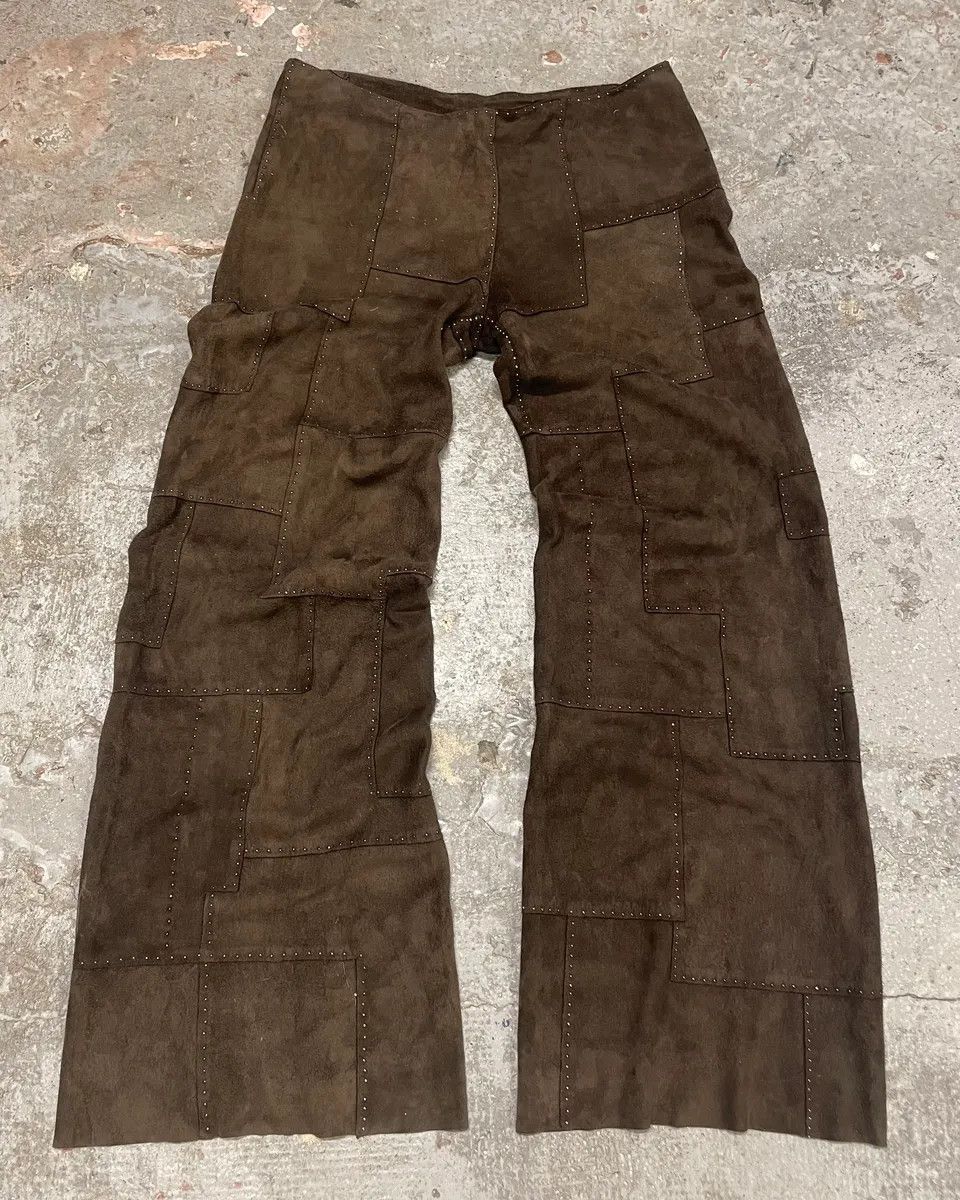 Fendi 2000s Fendi Khaki Suede Leather Studded Patchwork Pants Size US 31 - 1 Thumbnail