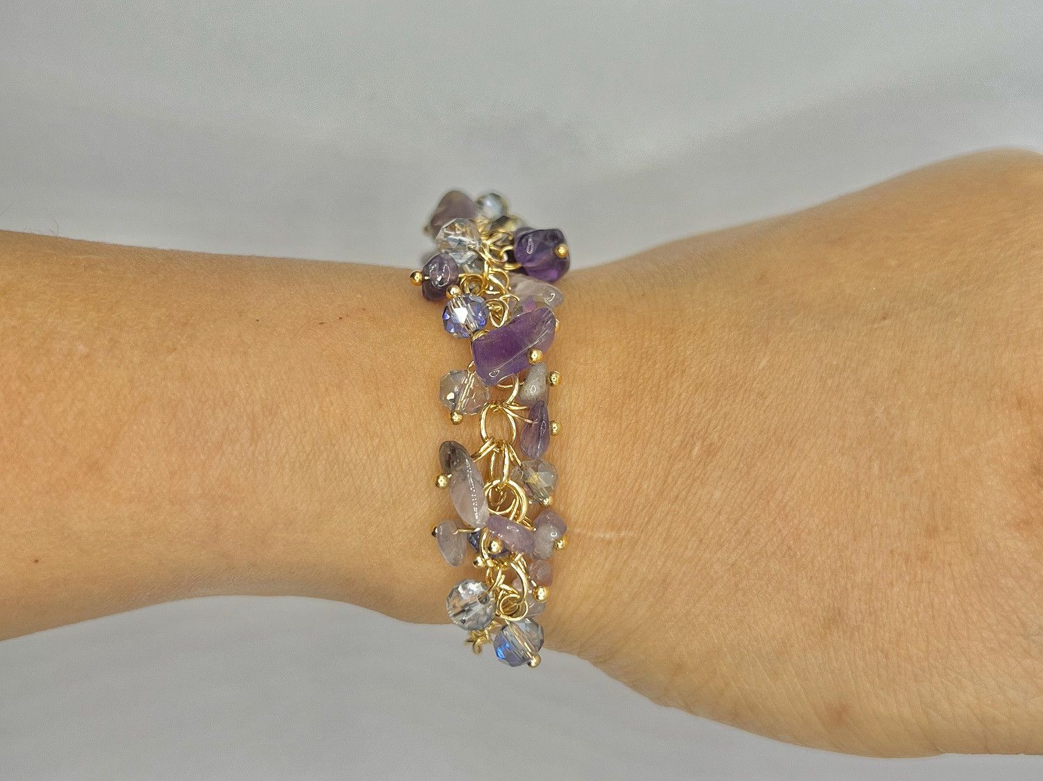 Handmade Amethyst and Crystal Beads Gold Chain Bracelet Size ONE SIZE - 4 Thumbnail