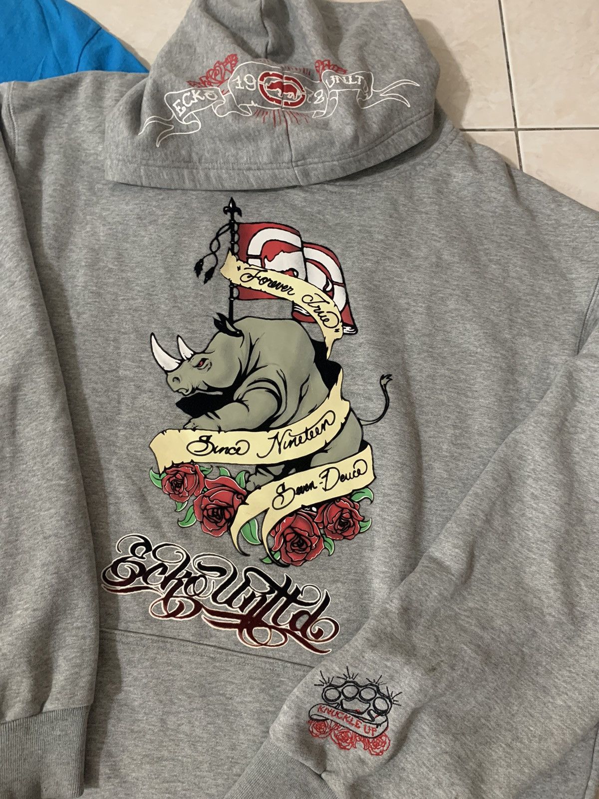 image of Ecko Unltd x Ed Hardy Oversize Y2K Ecko Knuckle Up Hoodie in Grey, Men's (Size 2XL)