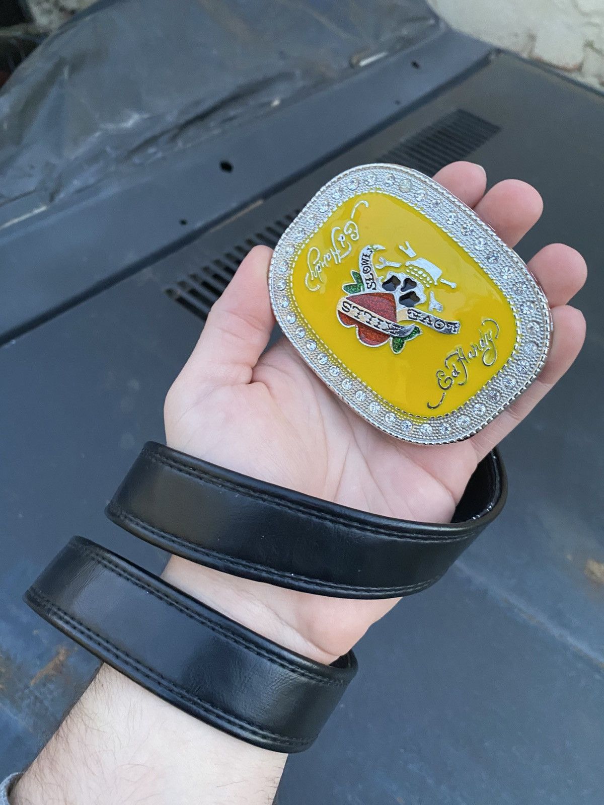 Pre-owned Ed Hardy Vintage Distressed Y2k Belt In Black
