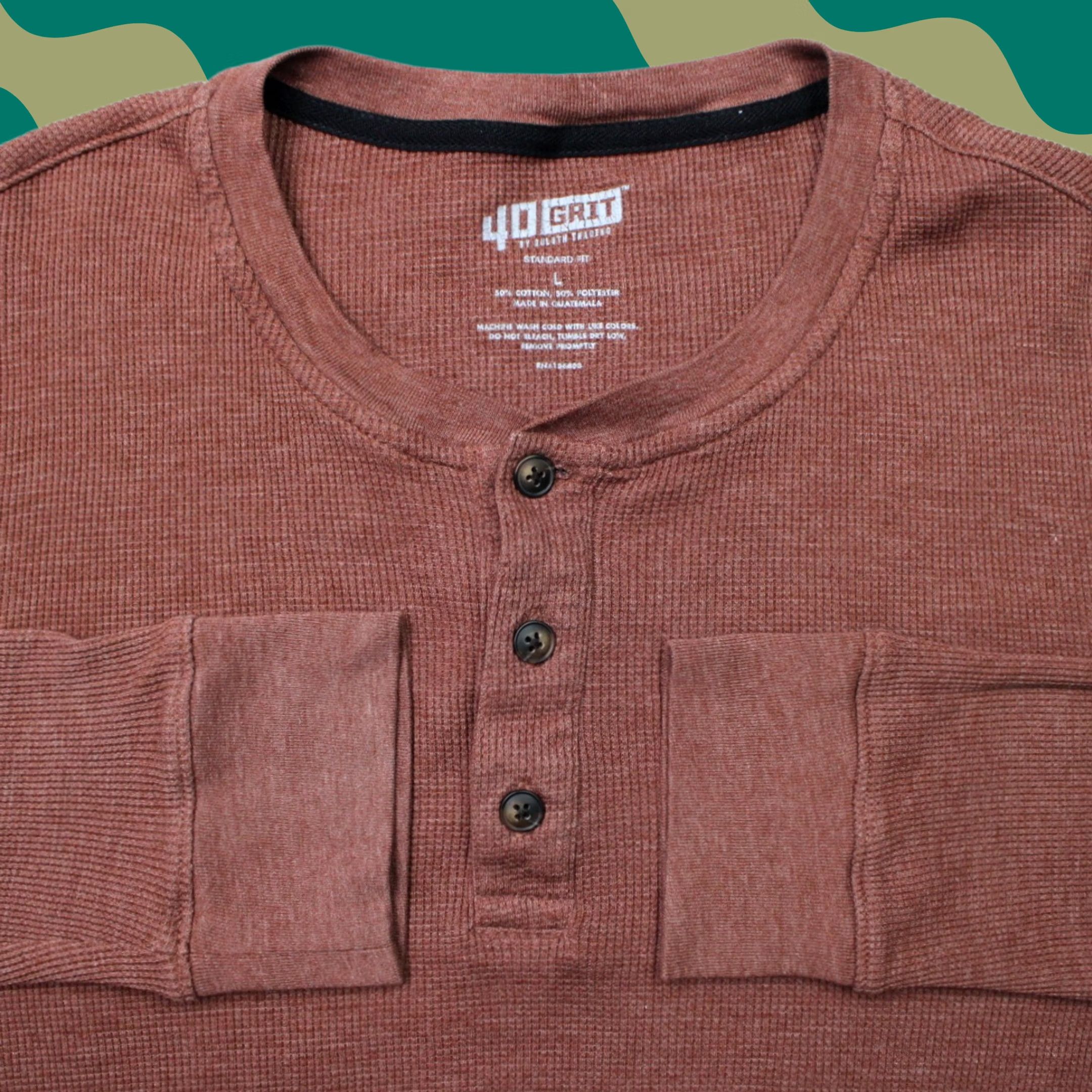 Vintage Duluth 40 Grit Mens Large Brown Thermal Henley Shirt Long Sleeve Waffle Knit Cotton Polyester Henley Thermal 2020-2029 Regular Mens Size US L / EU 52-54 / 3 - 1 Thumbnail