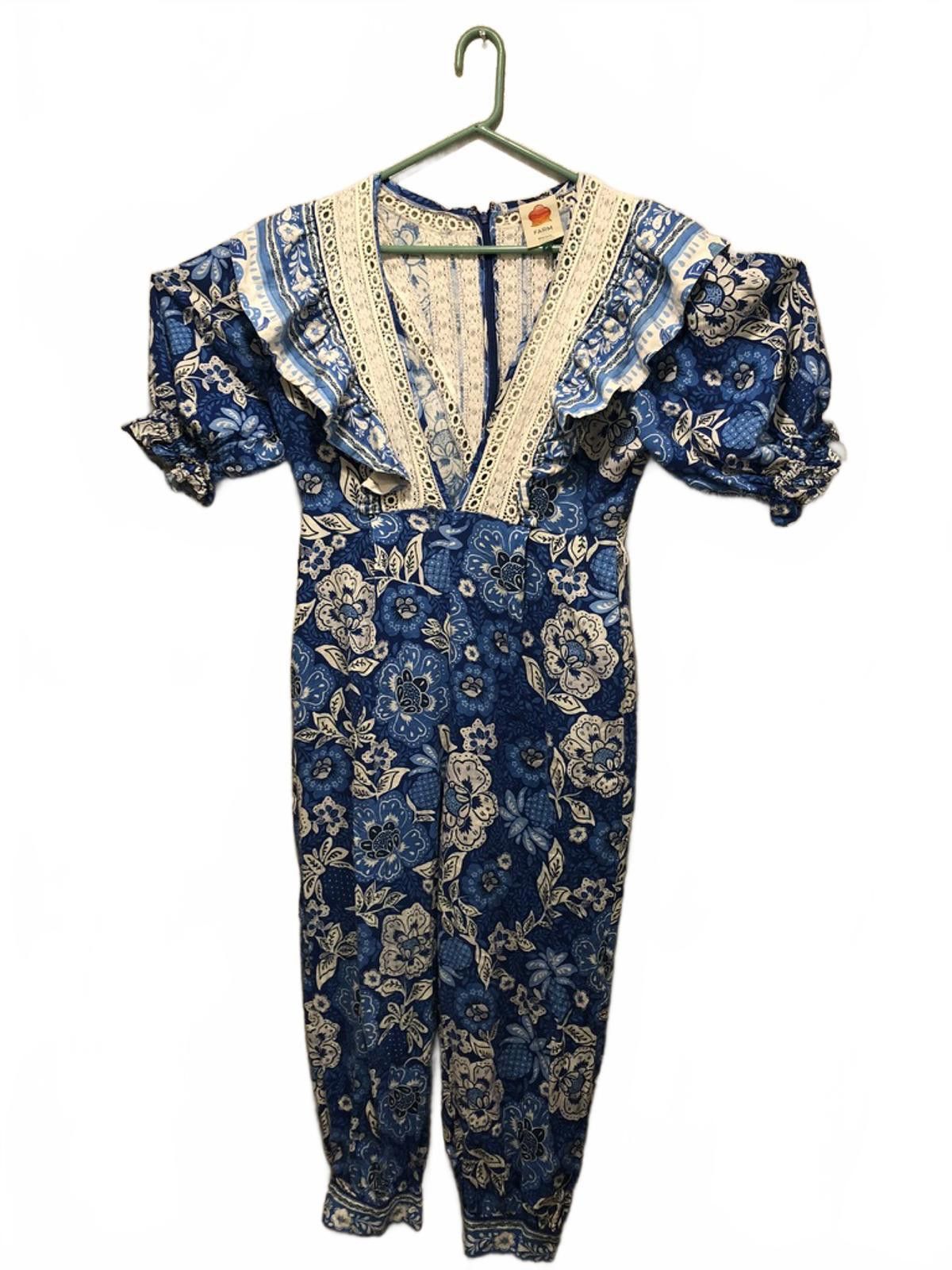 Farm Rio FARM Rio Full of Flowers Blue Floral Lace Jumpsuit M Boho Size 32" / US 10 / IT 46 - 8 Thumbnail