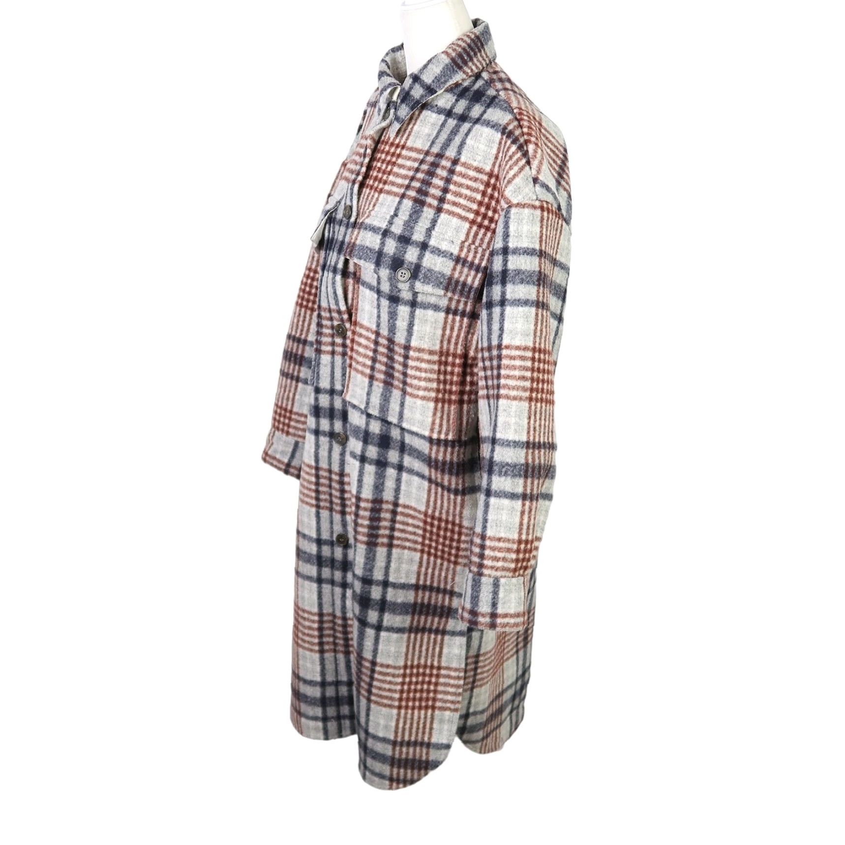 Zara ZARA Coat Plaid Grey Navy Faux Wool Knit Mid-Length S Womens Fall Winter Button Overcoat Size S / US 4 / IT 40 - 3 Thumbnail