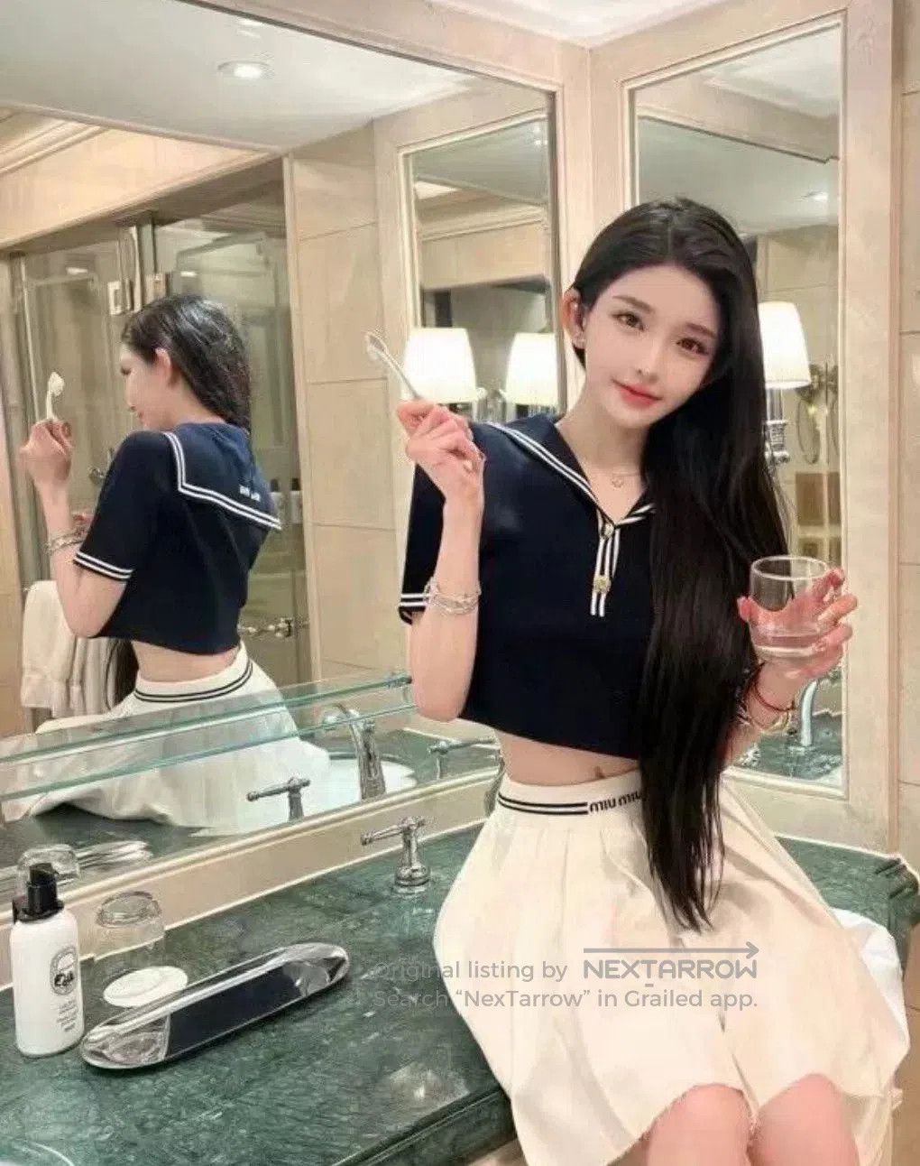 Miu Miu navy cropped sailor style top. Size US M / EU 48-50 / 2 - 3 Thumbnail